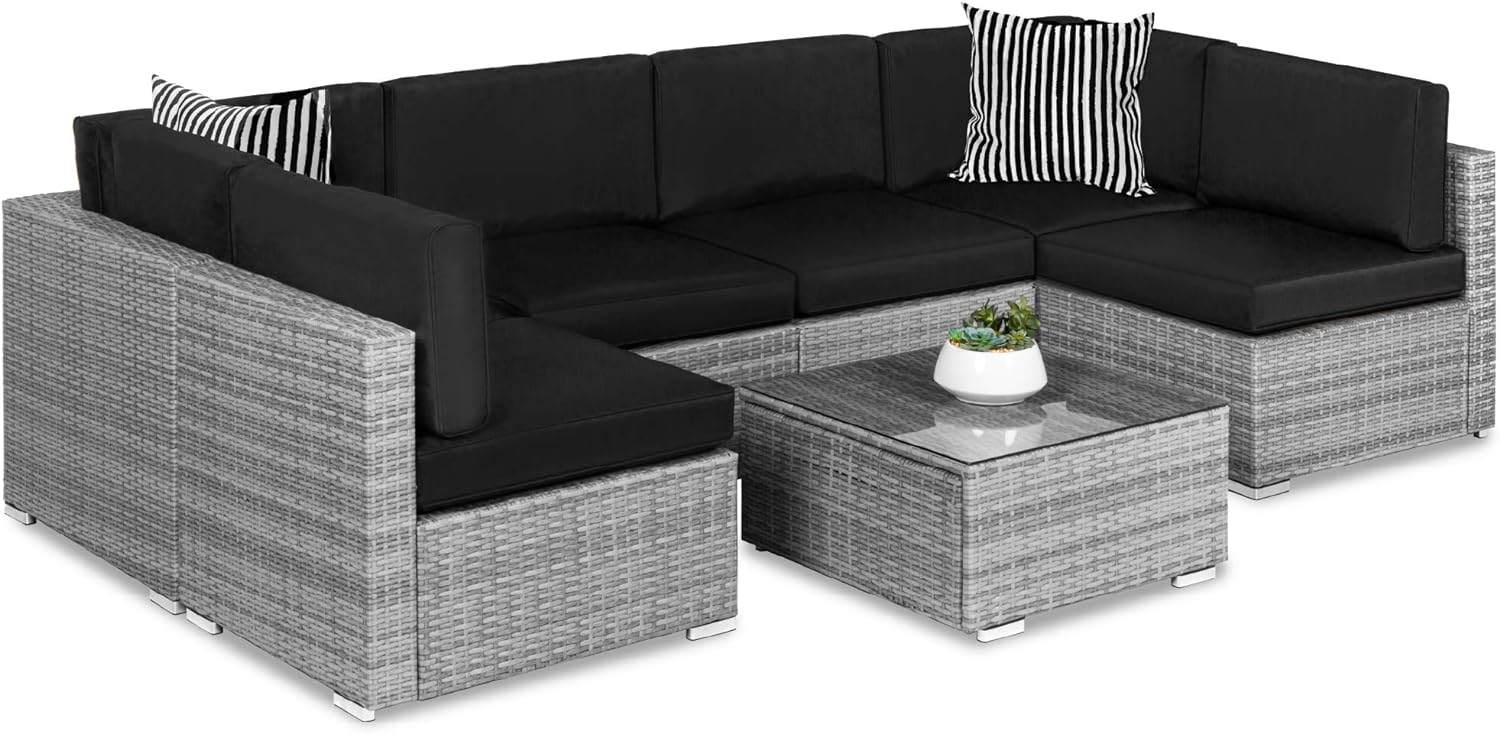 Best Choice Products 7-Piece Modular Outdoor Sectional Wicker Patio Furniture Conversation Sofa Set w/ 6 Chairs, 2 Pillows, Seat Clips, Coffee Table, Cover Included - Gray/Black