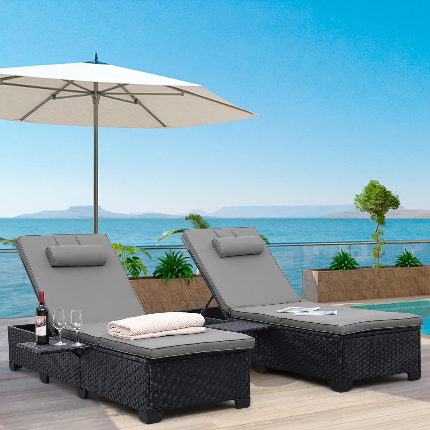 WAROOM Outdoor Chaise Lounge Chairs for Outside Patio Furniture Set of 2 Black Rattan Pool Reclining Chair Adjustable Backrest Sunbathing PE Wicker Recliners with Grey Cushion