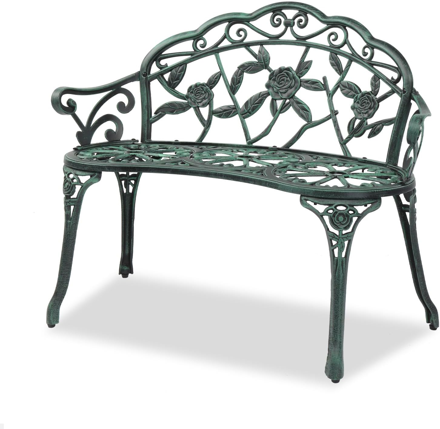 VINGLI 38.5 Patio Park Garden Outdoor Metal Rose Bench,Cast Iron Cast Aluminium Frame Antique Finish Chair,Accented Lawn Front Porch Path Yard Decor Deck Furniture for 2 Person Seat (Green/Black)