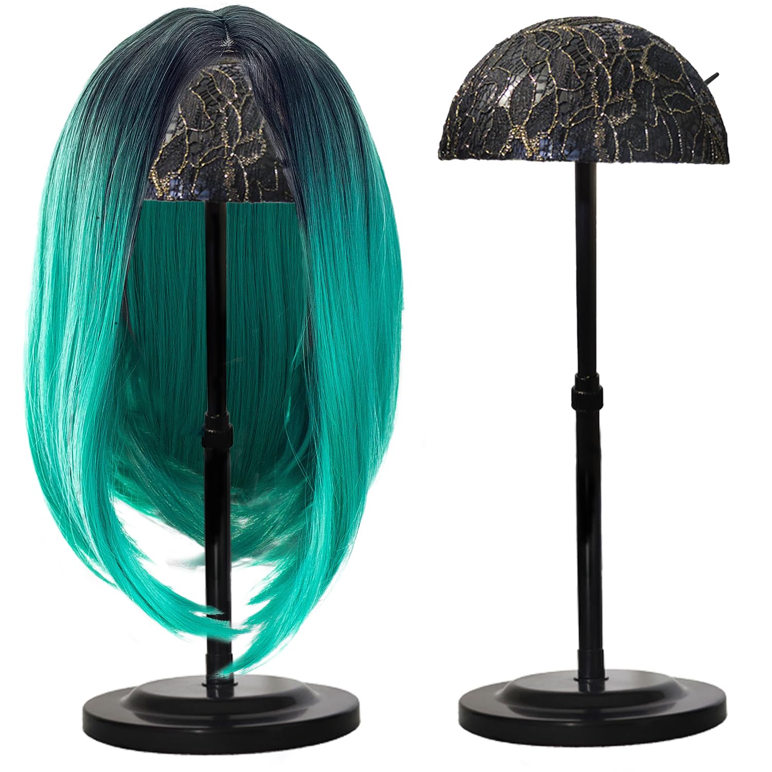 Wig Stand 1 Pack Adjustable Height Wig Holder Stands Non-Slip Portable Wig Head Holders Durable Plastic Wig Head Stand for Multiple Wigs and Hats Styling Drying Display (Black)