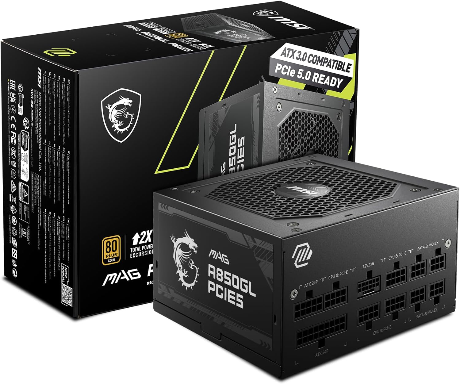 MSI MAG A850GL PCIE 5 & ATX 3.0 Gaming Power Supply - Full Modular - 80 Plus Gold Certified 850W - Compact Size - ATX PSU