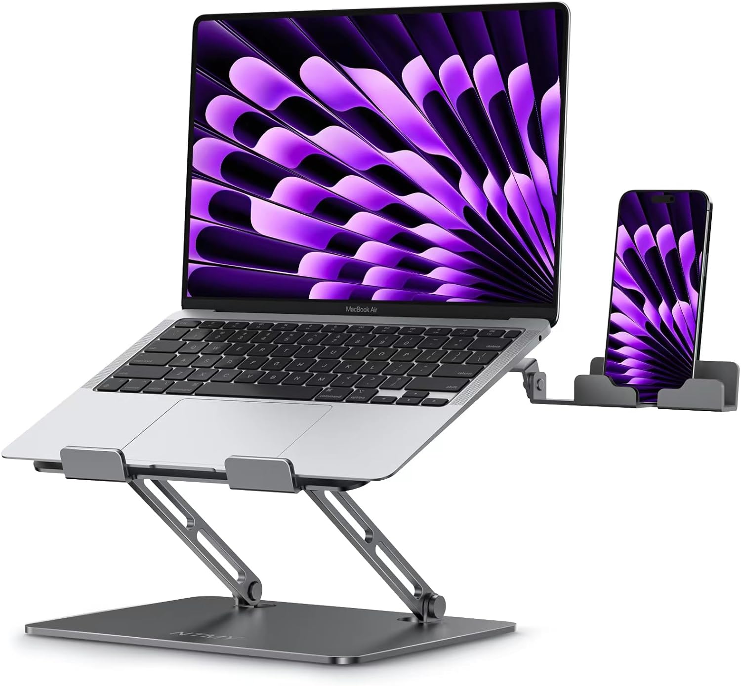 NTMY Laptop Stand with Phone Holder, Adjustable Aluminum Notebook Holder Foldable Laptop Riser for MacBook Air, Pro, Dell, HP More 10-16 inch (Space Grey)