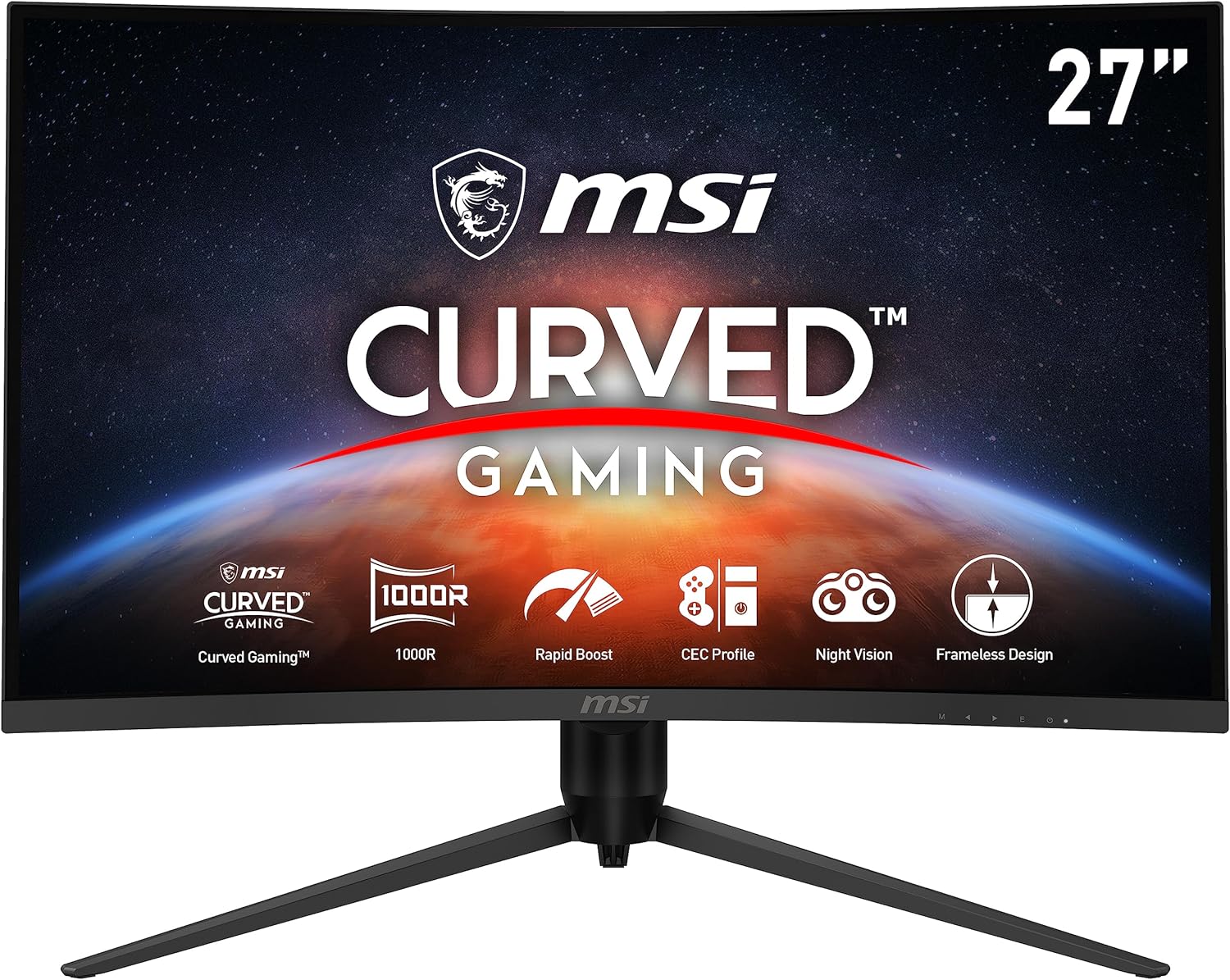 MSI G271CP, 27 Gaming Monitor, 1920 x 1080 (FHD), VA, 165Hz, FreeSync Premium, HDMI, Displayport, Tilt, Swivel, Height Adjustable,Pivot,Black