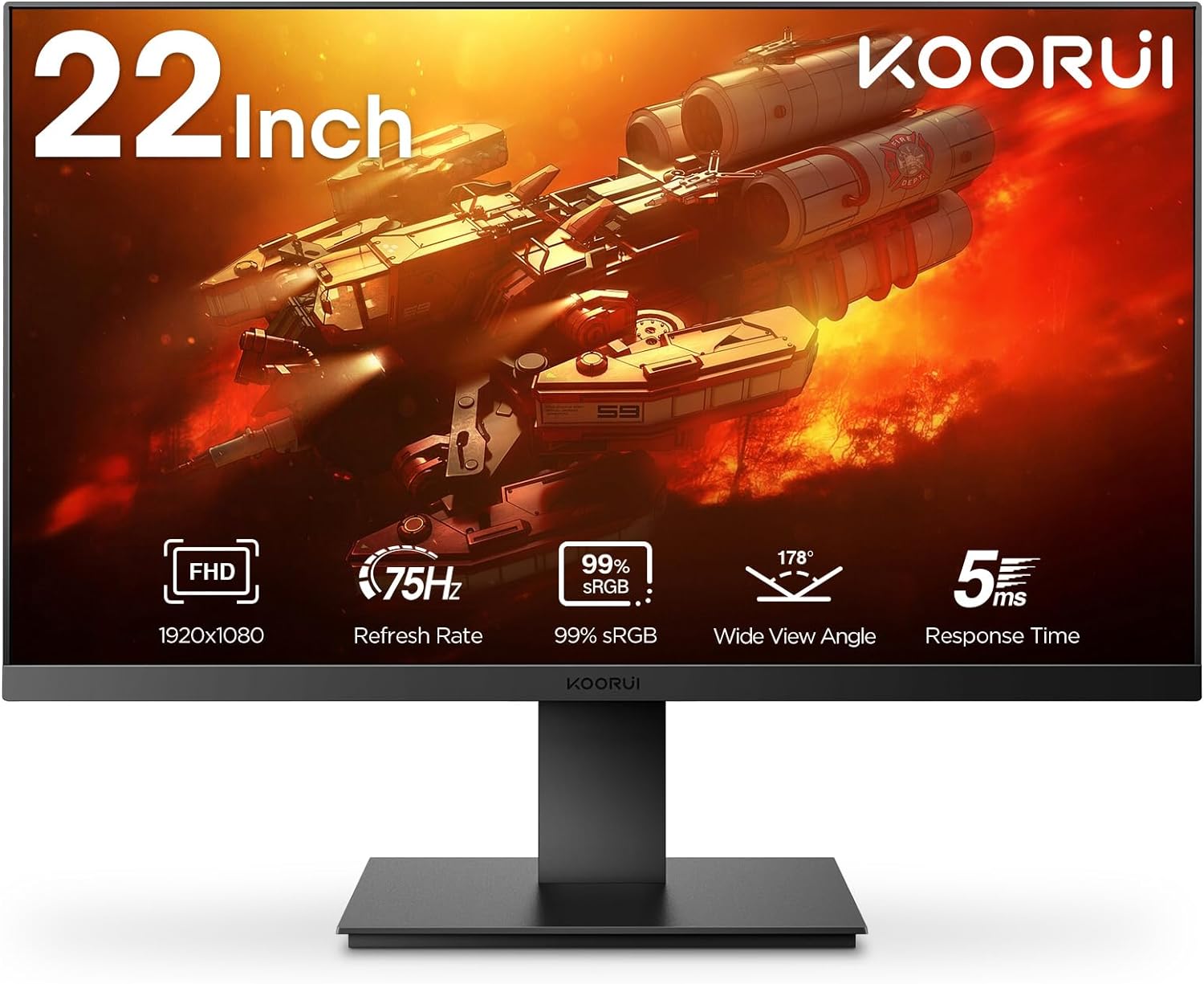 KOORUI Computer Monitors 22 inch, Full HD (1920 x 1080) 75Hz Monitor, Ultra Thin Bezel Desktop Display, VESA, HDMI & VGA Port, Eye Care/Ergonomic Tilt, LED Monitor for PC, Black, 22N1