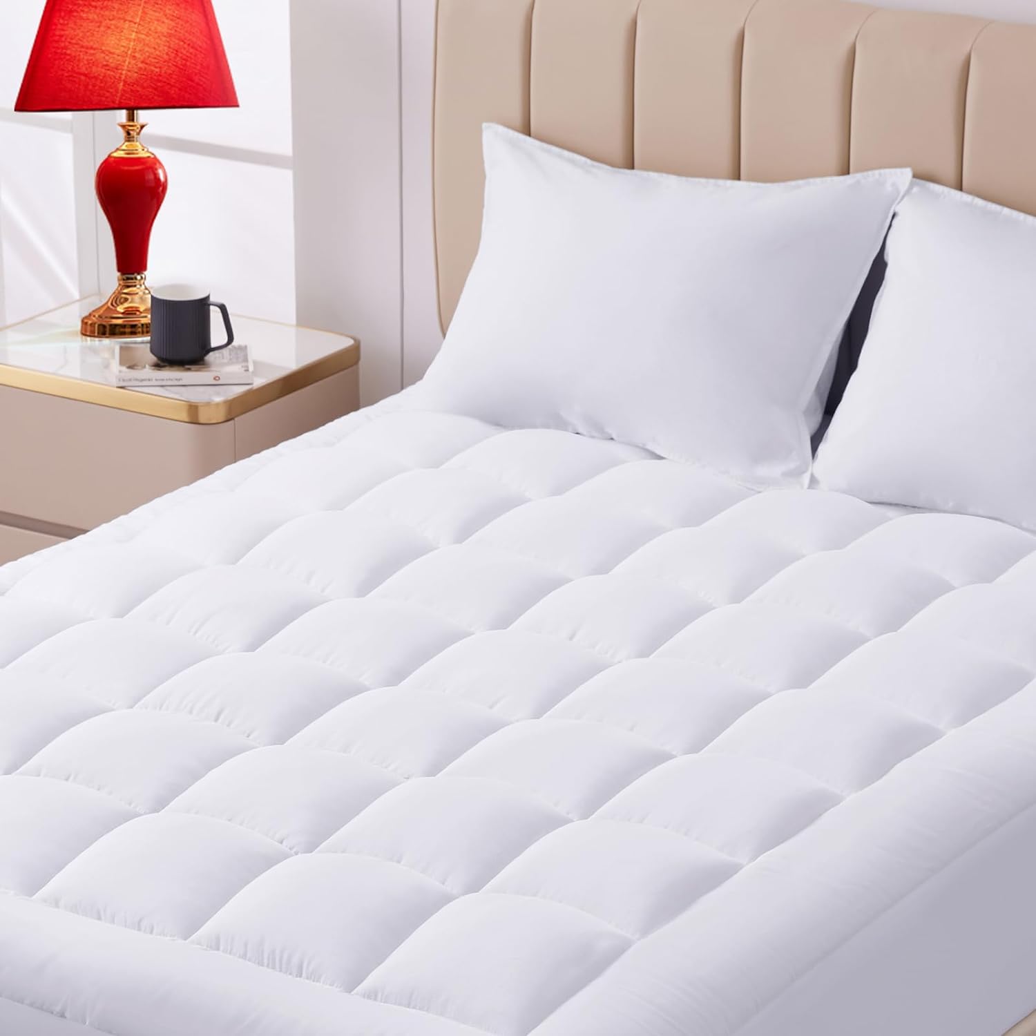 CozyLux Mattress Topper Queen Cotton Deep Pocket Mattress Cover Non Slip Breathable and Soft Quilted Fitted Mattress Topper Up to 18 Thick Pillowtop 450GSM Bed Mattress Pad White