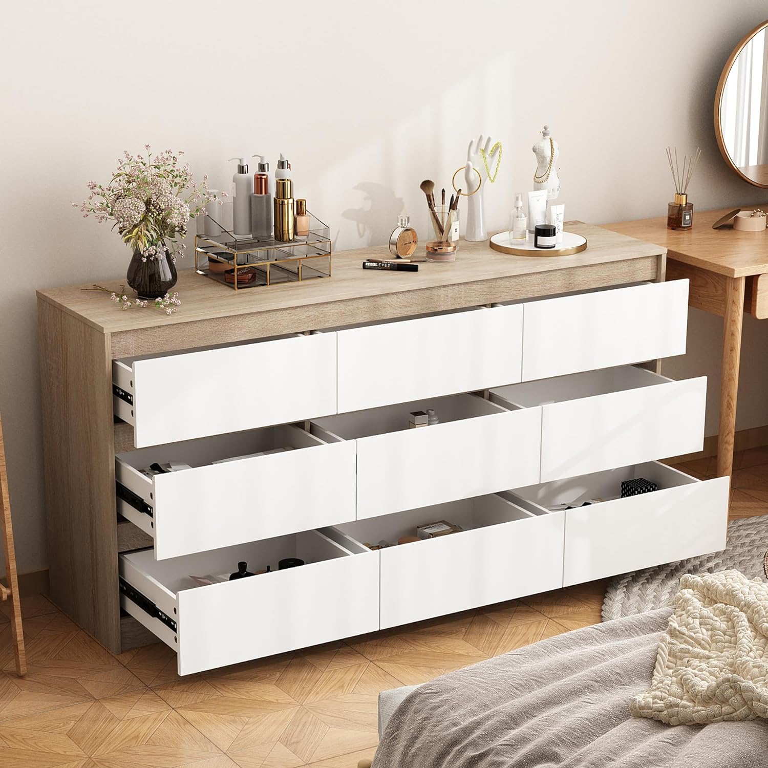 Hitow 9 Drawer Dresser for Bedroom with Deep Drawers, Large Floor Wood Dressers & Chest of Drawers Handle Free, Modern Wood Color Long Dressers for Closet Living Room (63 W x 15.7 D x 31.5 H)