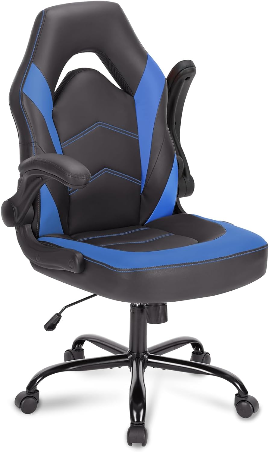 DUMOS Blue Gaming Chair, Desk Chair with Wheels Pu Leather Office Chair Flip-up Arms Height Adjustable Computer Chair with Lumbar Support