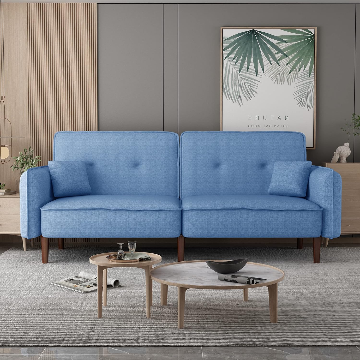 Tiophome Convertible Futon Sofa Bed Sleeper Couch Folding Lounge Living Room Linen Upholstered 75 INCH 3 Setaer Loveseat with Armrest & 2 Pillows & 3 Backrest Settings-120/150/180, Blue