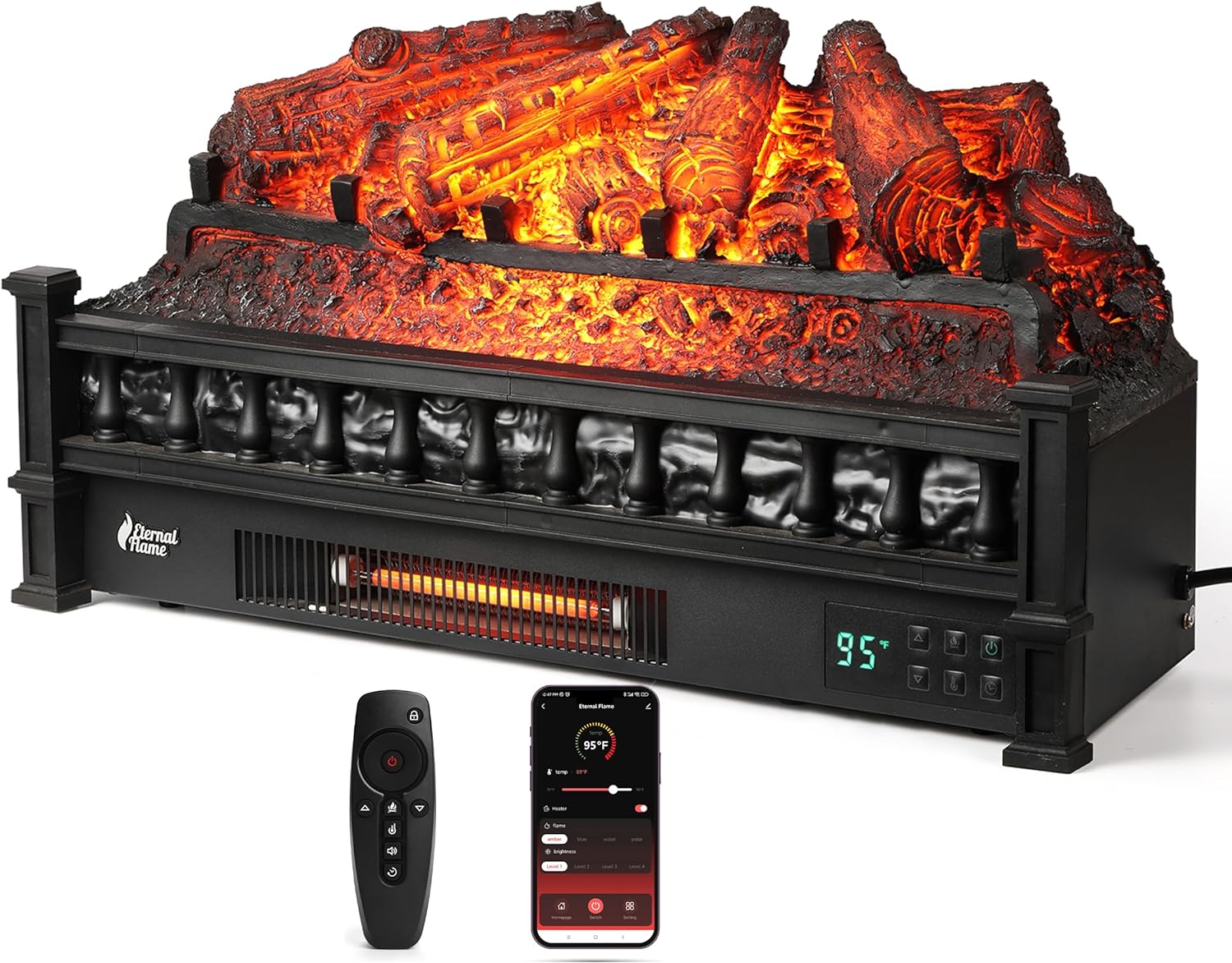 TURBRO Eternal Flame 26 in. WiFi Infrared Quartz Electric Fireplace Log Heater with Sound Crackling, Realistic Pinewood Logs, Adjustable Flame Colors, Remote Control, Thermostat, Timer, 1500W Black