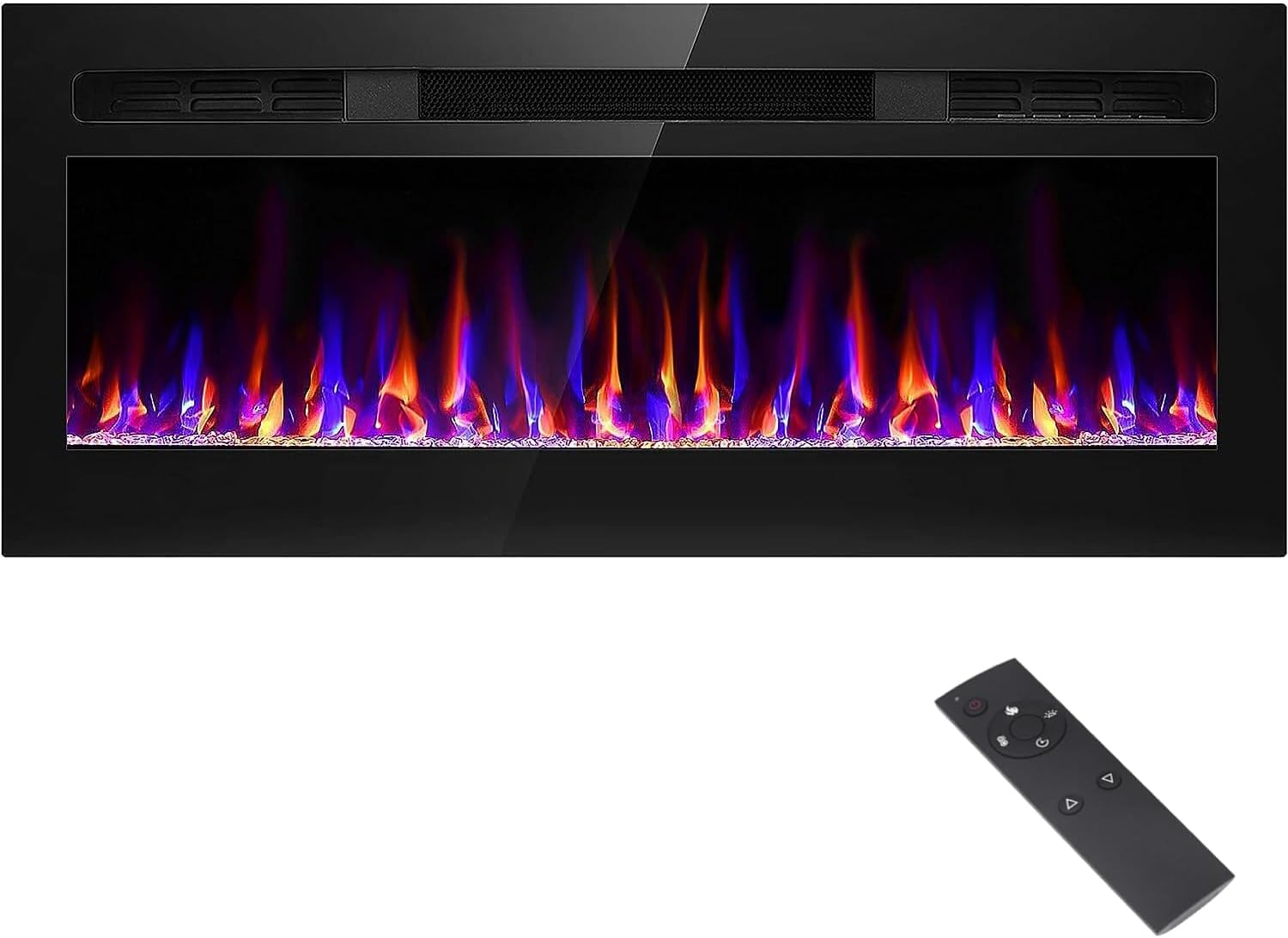 43 Inch Electric Fireplace Recessed and Wall Mounted, Fireplace Heater and Linear Fireplace, Ultra-Thin Electric Fireplace, Low Noise, with Timer, Remote Control, Adjustable 12 Flame Color, 750/1500W