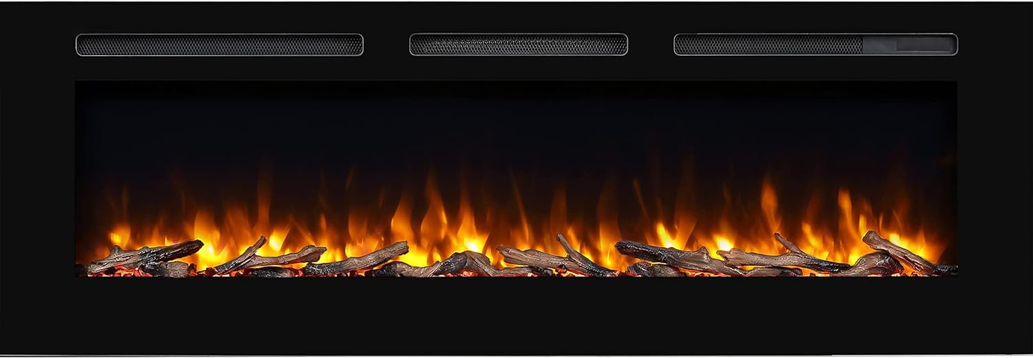 PuraFlame Alice 60 Inches Recessed Electric Fireplace, Flush Mounted for 2 X 6 Stud, Log Set & Crystal, 1500W Heater, Remote Control, Black