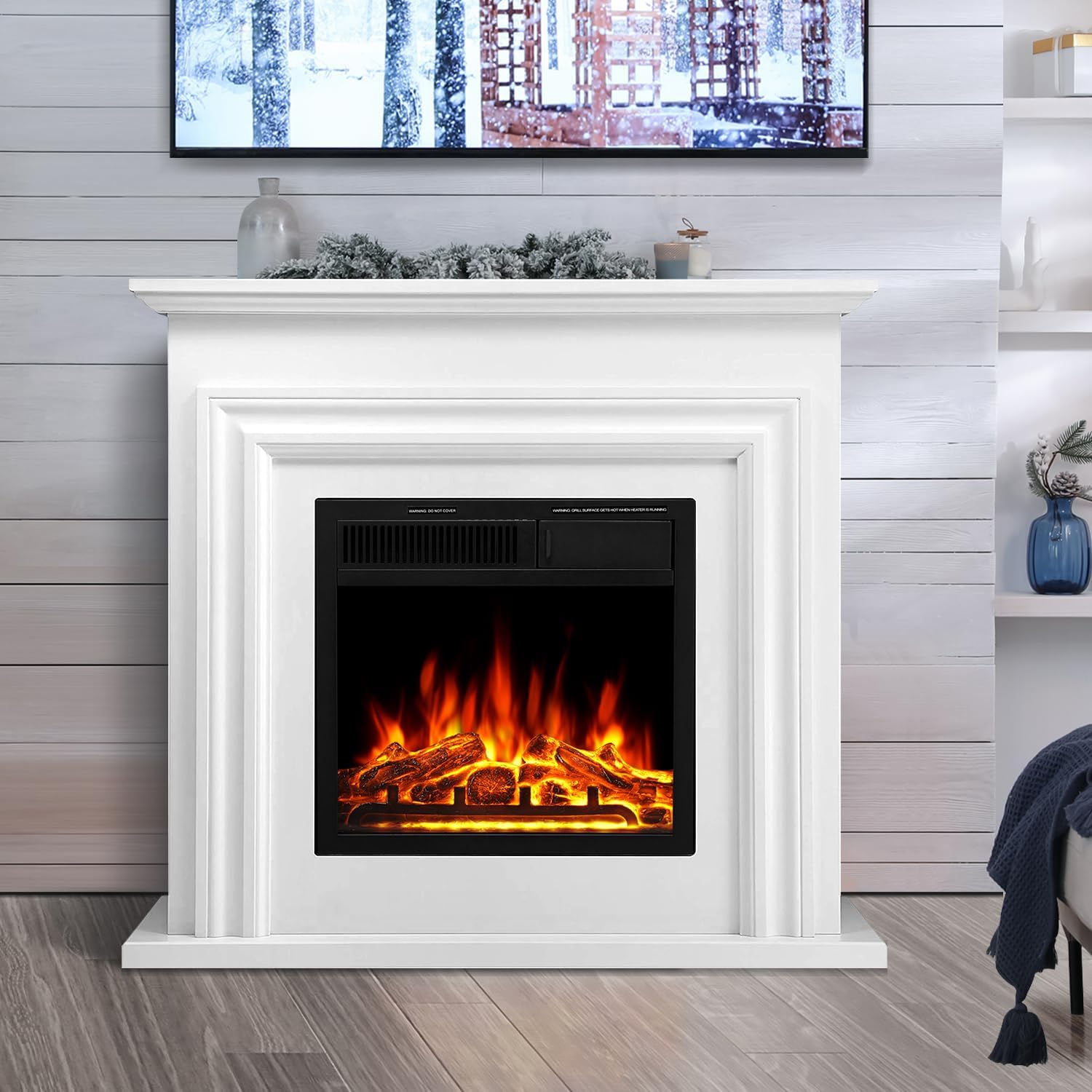 R.W.FLAME Electric Fireplace Mantel Wooden Surround Firebox, 36 Pearl White TV Stand with Freestanding Electric Fireplace,Remote Control, Adjustable Led Flame, 750W/1500w