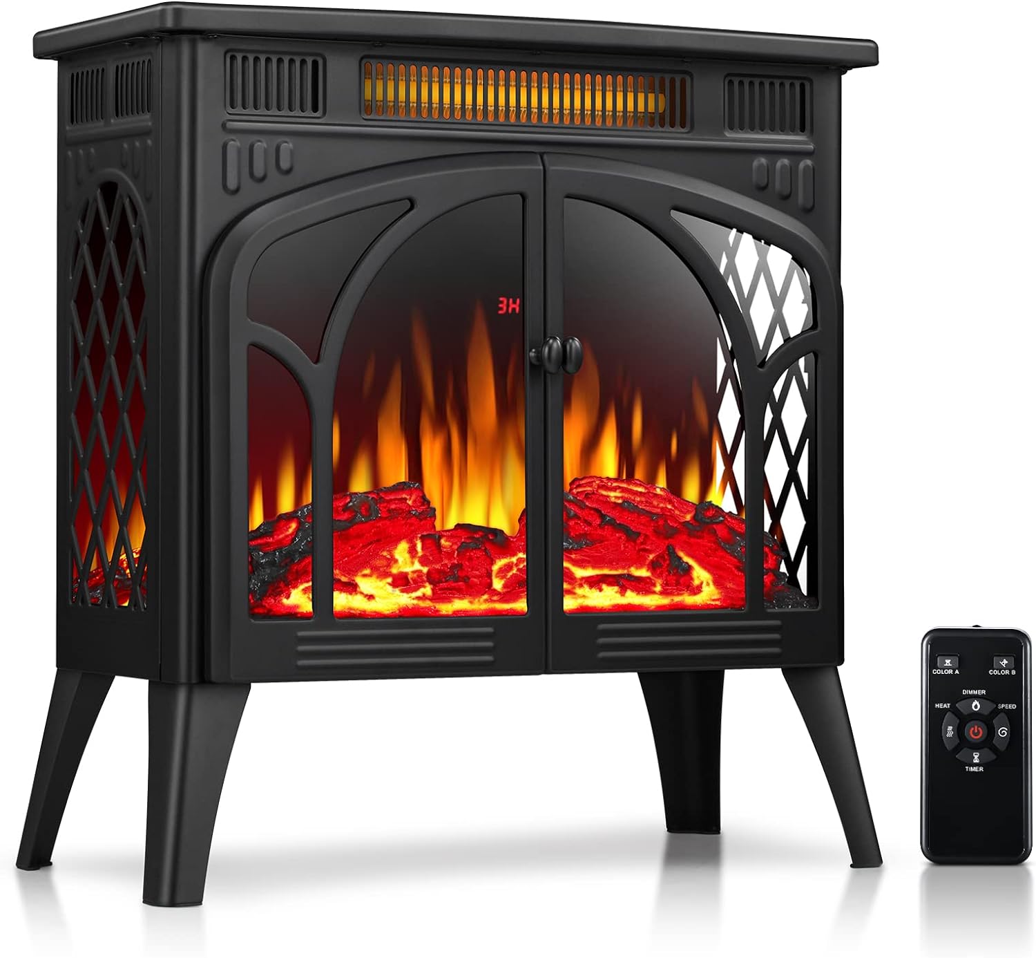 Rintuf Electric Fireplace Heater, 1500W Infrared Fireplace Stove w/ 3D Realistic Flame, 5100BTU Freestanding Electric Stove Heater with Remote Control, 8H Timing, Ideal for Indoor Home Use