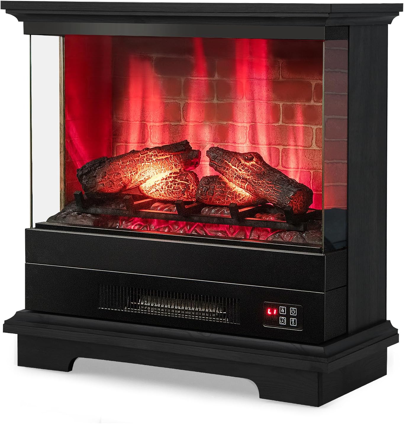 Tangkula 27 Inches Electric Fireplace Heater, Freestanding No Assembly Fireplace Stove with Remote Control, 3-Sided View, 7 Flame Effects, Overheat Protection, CSA Certified, 6H Timer, 1400W (Black)