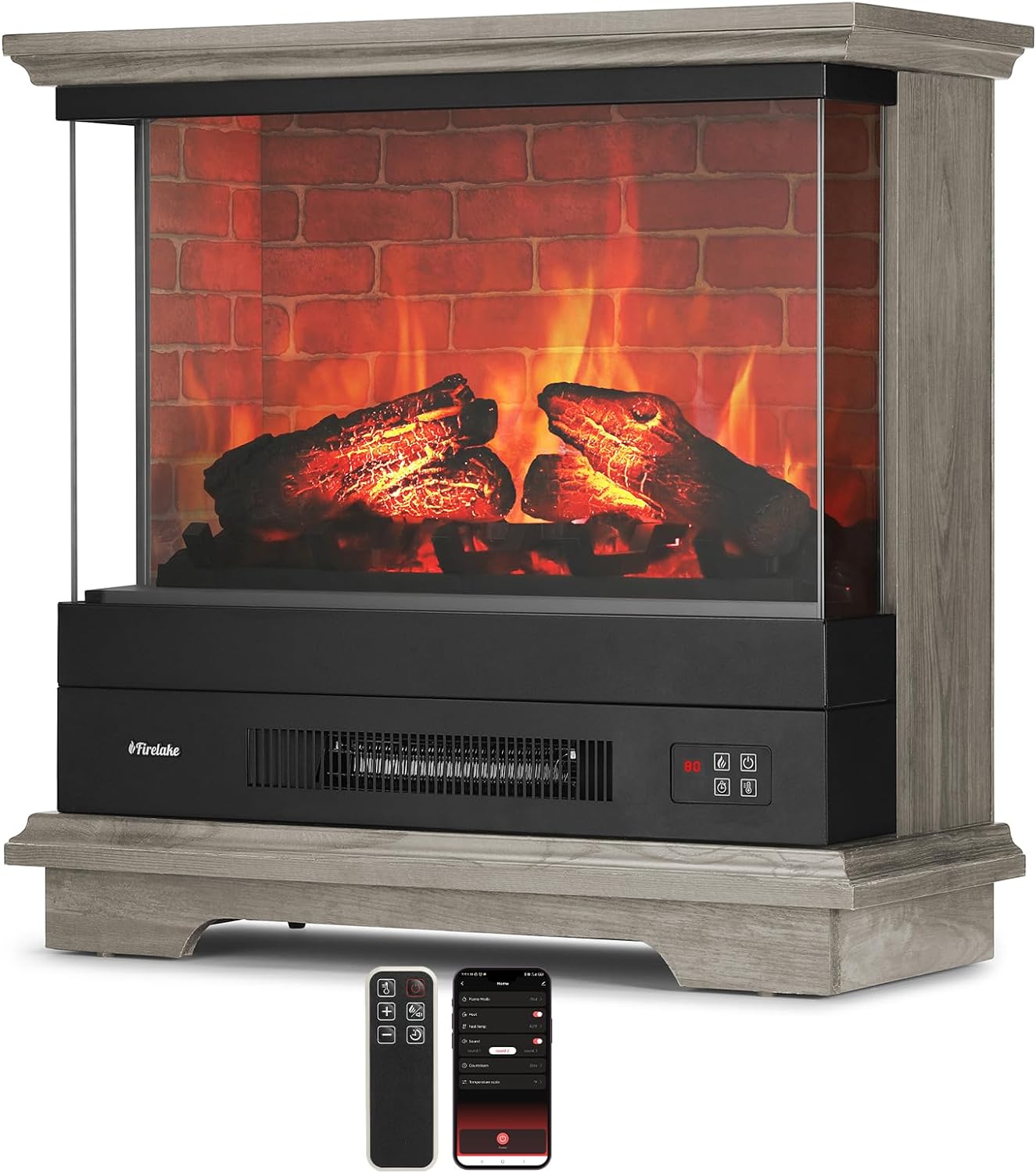 TURBRO Firelake 27 in. WiFi Electric Fireplace Heater with Sound Crackling - Freestanding Fireplace with Mantel - 7 Adjustable Flame Effects, Overheating Protection, CSA Certified - 1400W, Gray Wash