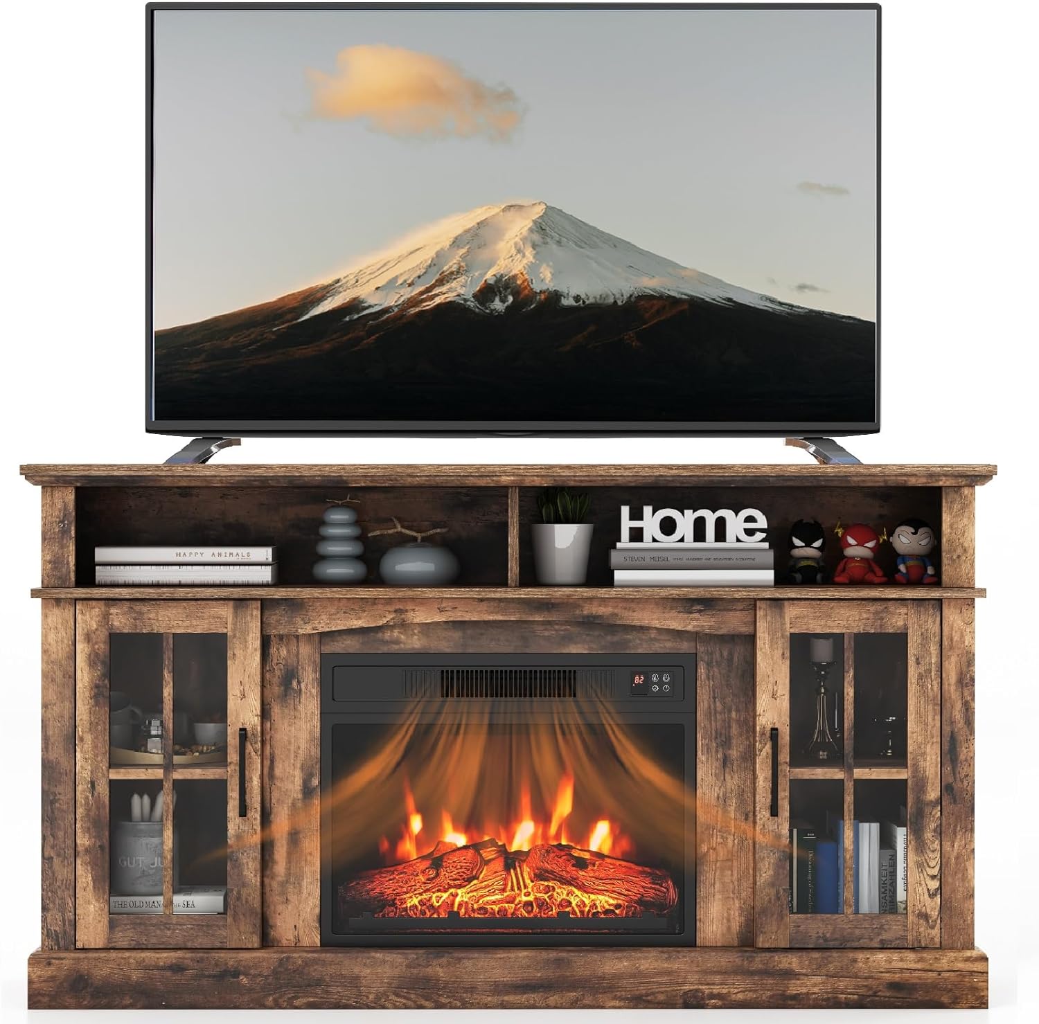 SIMOE 58 Inches Fireplace TV Stand with 23 Inch Fireplace, Electric Fireplace TV Console for TVs up to 65, Entertainment Center with 2 Cabinets & Remote Control, 6H Timer & 3 Flame Brightness, Brown