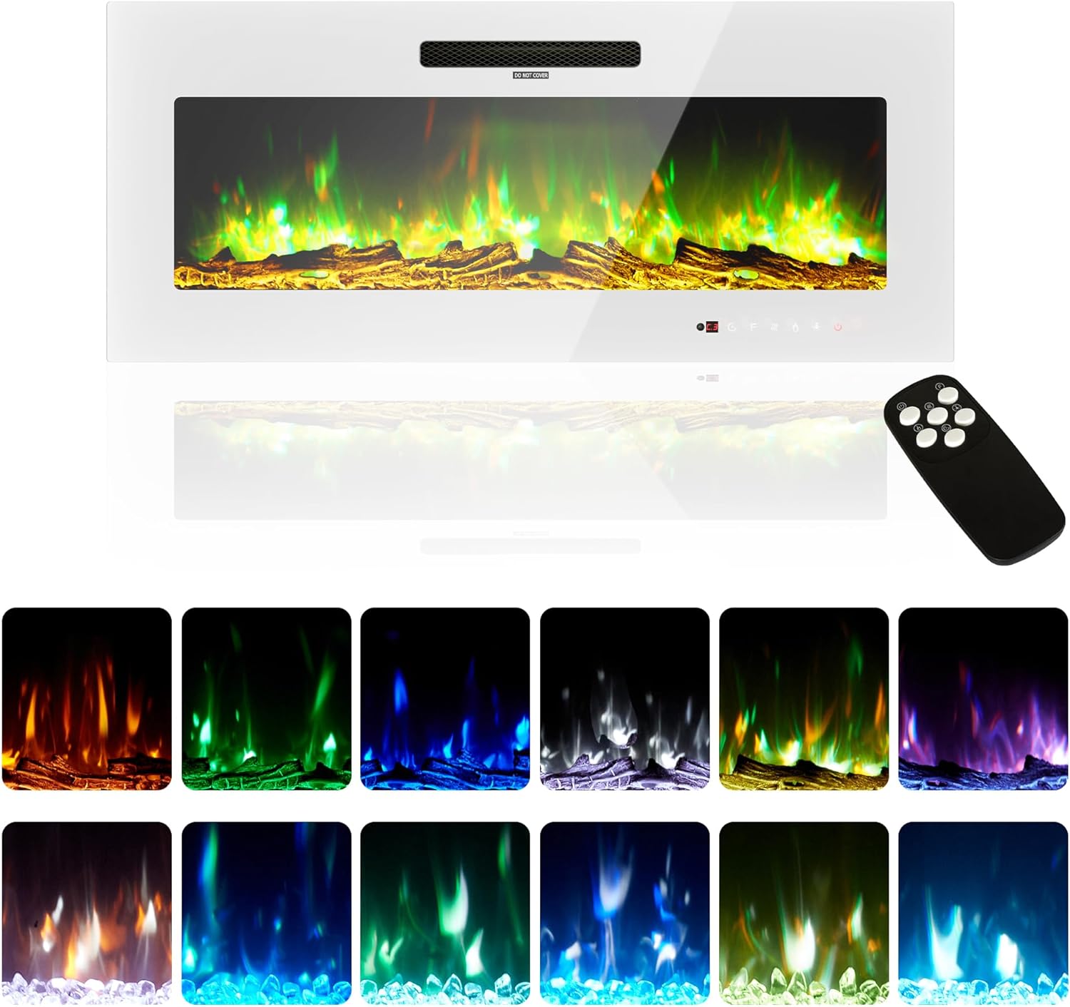 Amerlife 40 Electric Fireplace Wall Mounted, Recessed and Freestanding, Fireplace Heater W/12 Flame Color and Brightness, Touch Screen & Remote Control, Log Set & Crystal Included, White