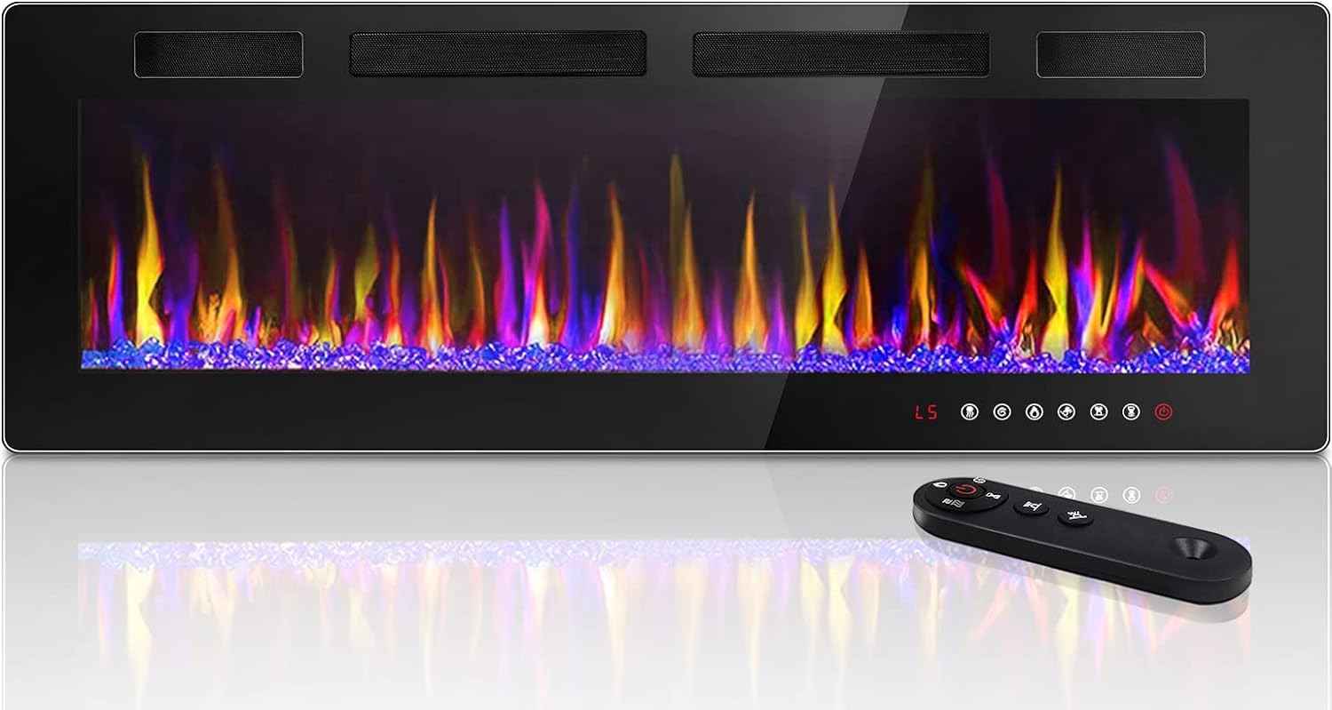 LEMBERI 72 inch Electric Fireplace Recessed and Wall Mounted,750/1500W Fireplace Heater and Linear Fireplace with Touch Screen Control Panel, Timer,Remote Control,Adjustable Flame Color and Speed