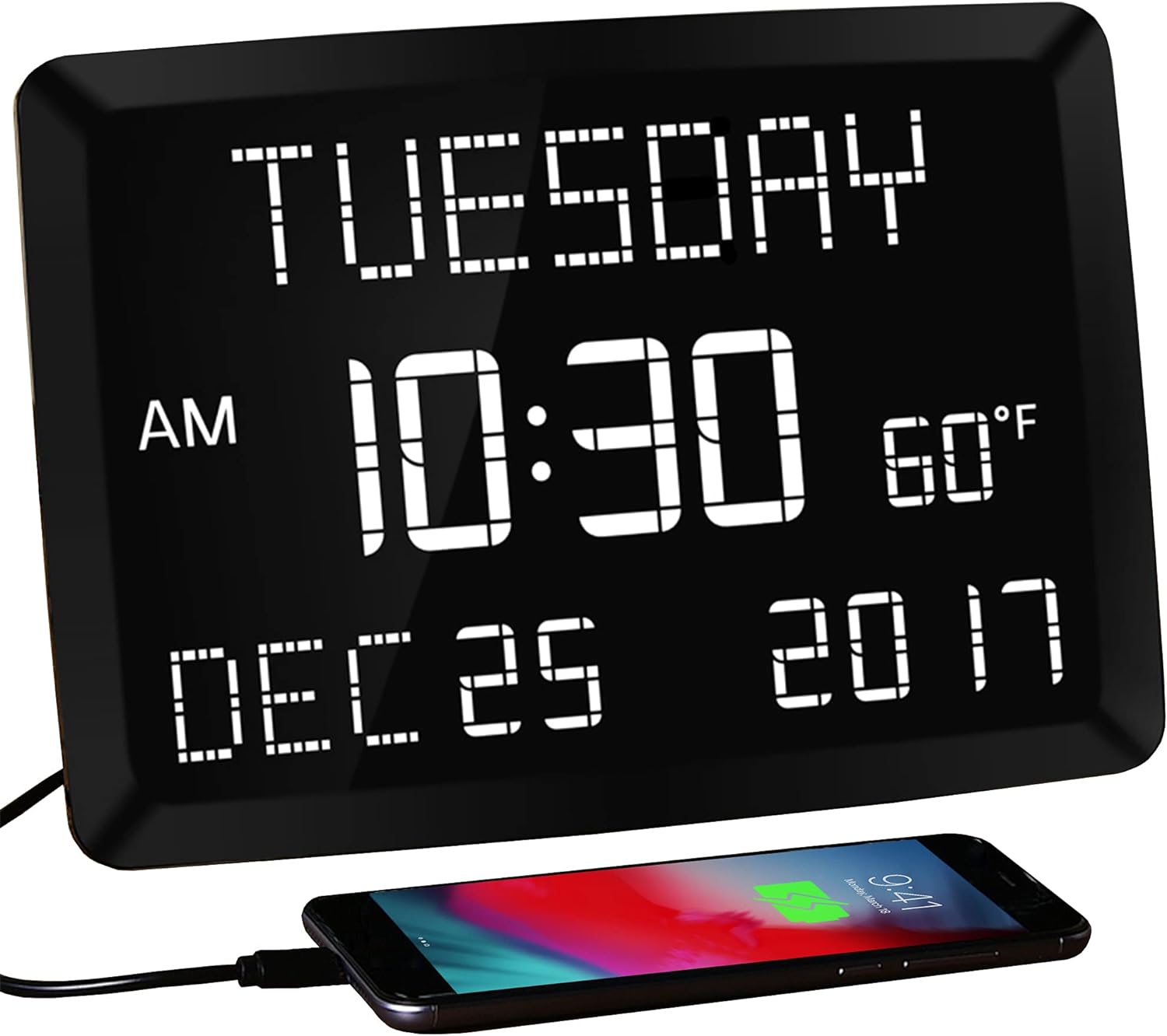 11.5 Digital Wall Clock with Date,Time,Week,Indoor Temperature,3 Alarms,5 Dimmer,2 USB Chargers,Battery Backup,Snooze,12/24H for Elderly,Parents,Impaired Vision,Dementia,Memory Loss,Office,Bedroom