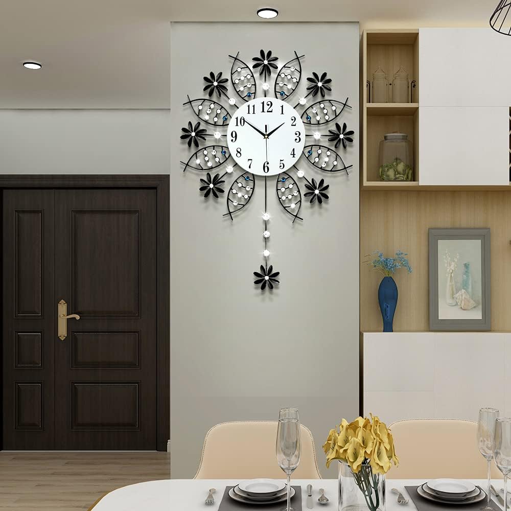 JTWALCLOCK Large Wall Clock for Living Room Dcor, Giant Big Silent Modern Battery Operated Glass Pendulum Wall Clock for Kitchen, Bedroom, Oversized Non Ticking Crystal Wall Clock,22 Inch