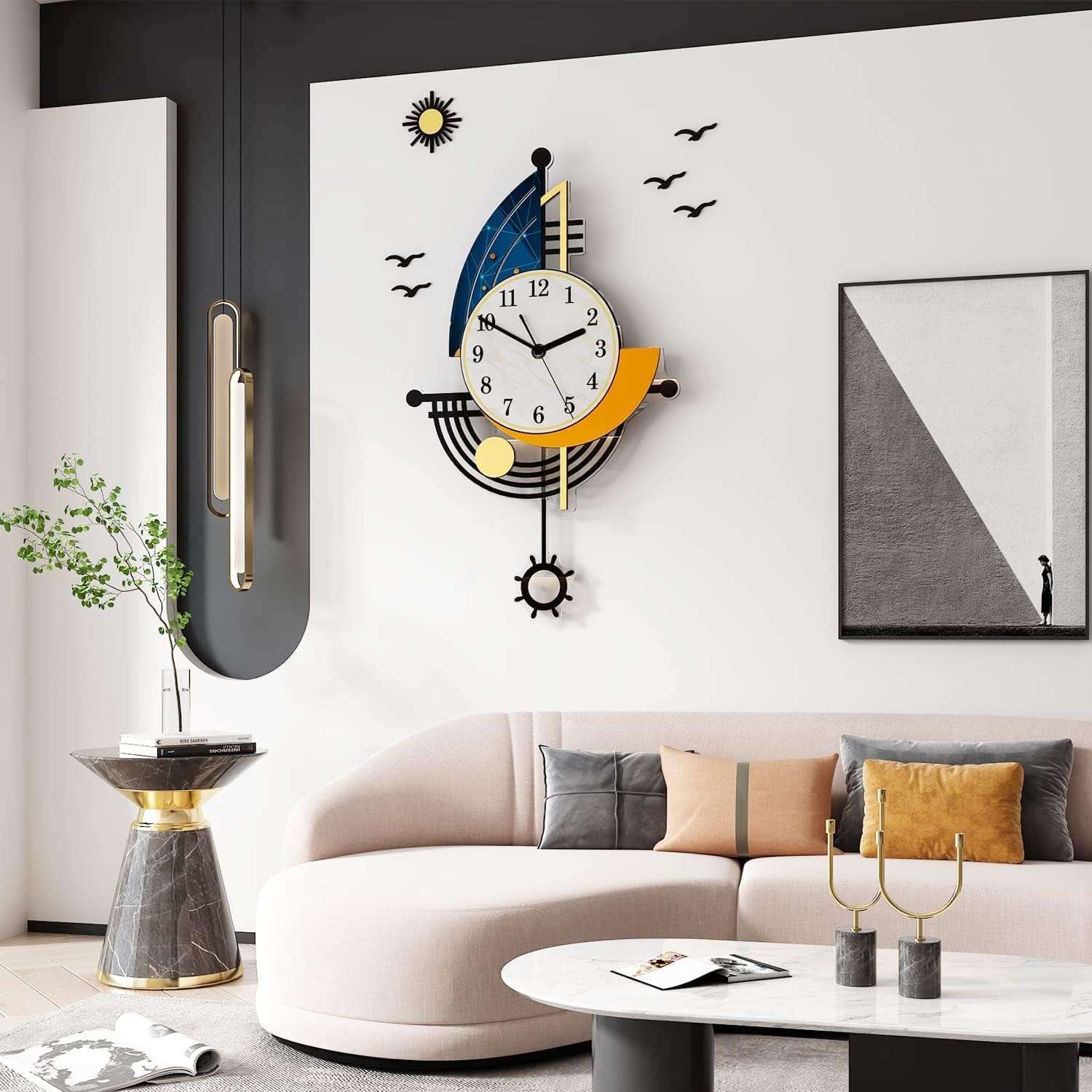 YISILE Modern Wall Clock Battery Operated 23 Inch Large Boat Design Pendulum Wall Clocks for Living Room Decor 3D Silent Clock Wall Decor Sticker Non Ticking for Bedroom Office Home Kitchen Decoration