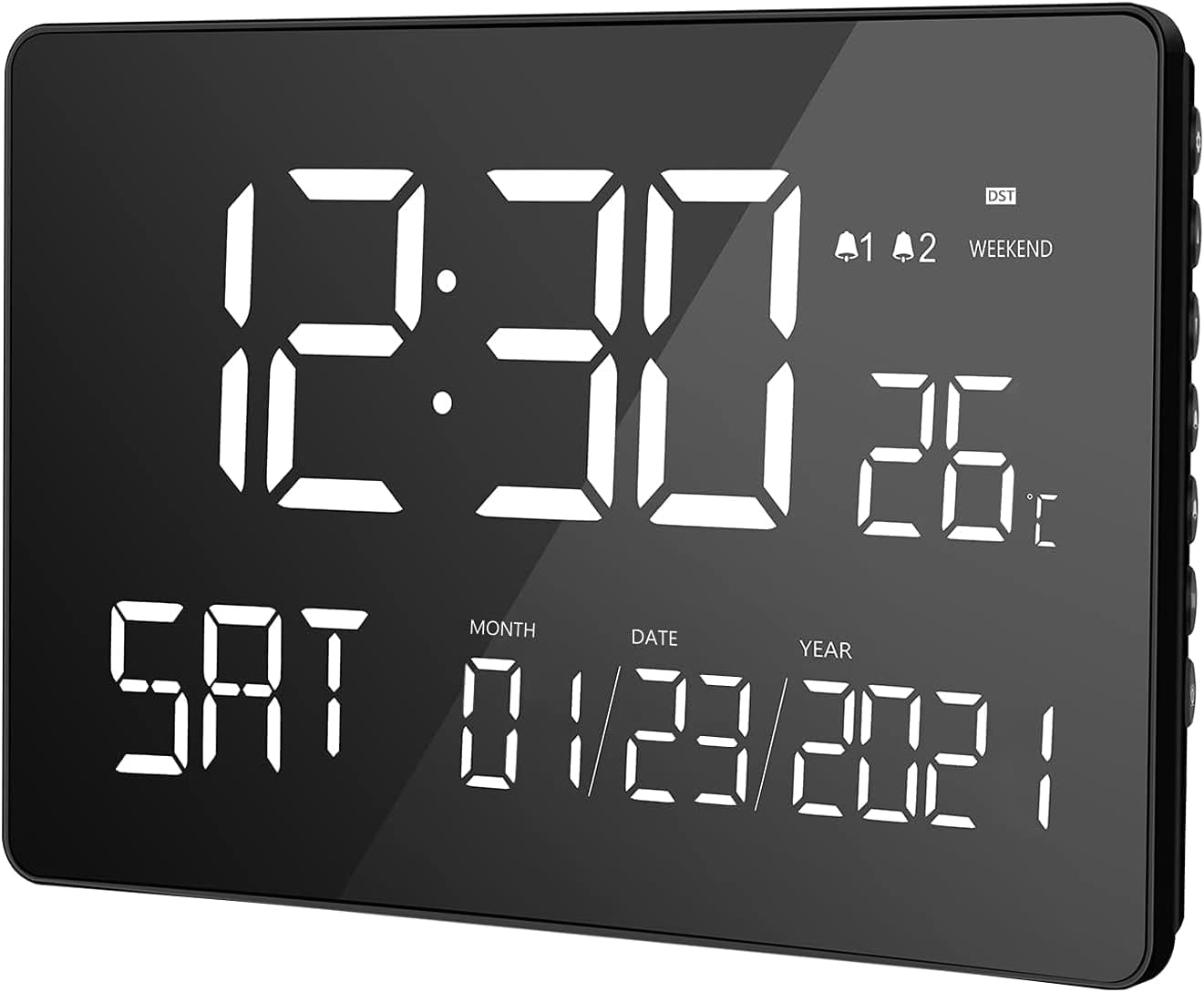 LIORQUE Digital Alarm Clock, 11.2 Large Curved Dimmable LED Screen, Digital Day Clock with Dual Alarms, Calendar, Weekend Mode, Indoor Temperature, 12/24H, DST for Senior