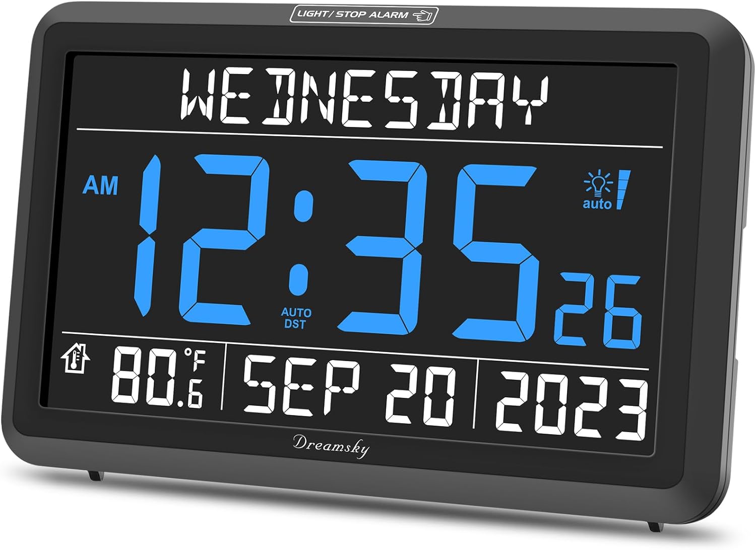 DreamSky Digital Clock with Date and Day of Week for Seniors - Colorful Large Display Calendar Clock for Elderly Dementia Bedroom Bedside, 6 Loud Alarms, Adjustable Backlight, Battery Backup, Auto DST