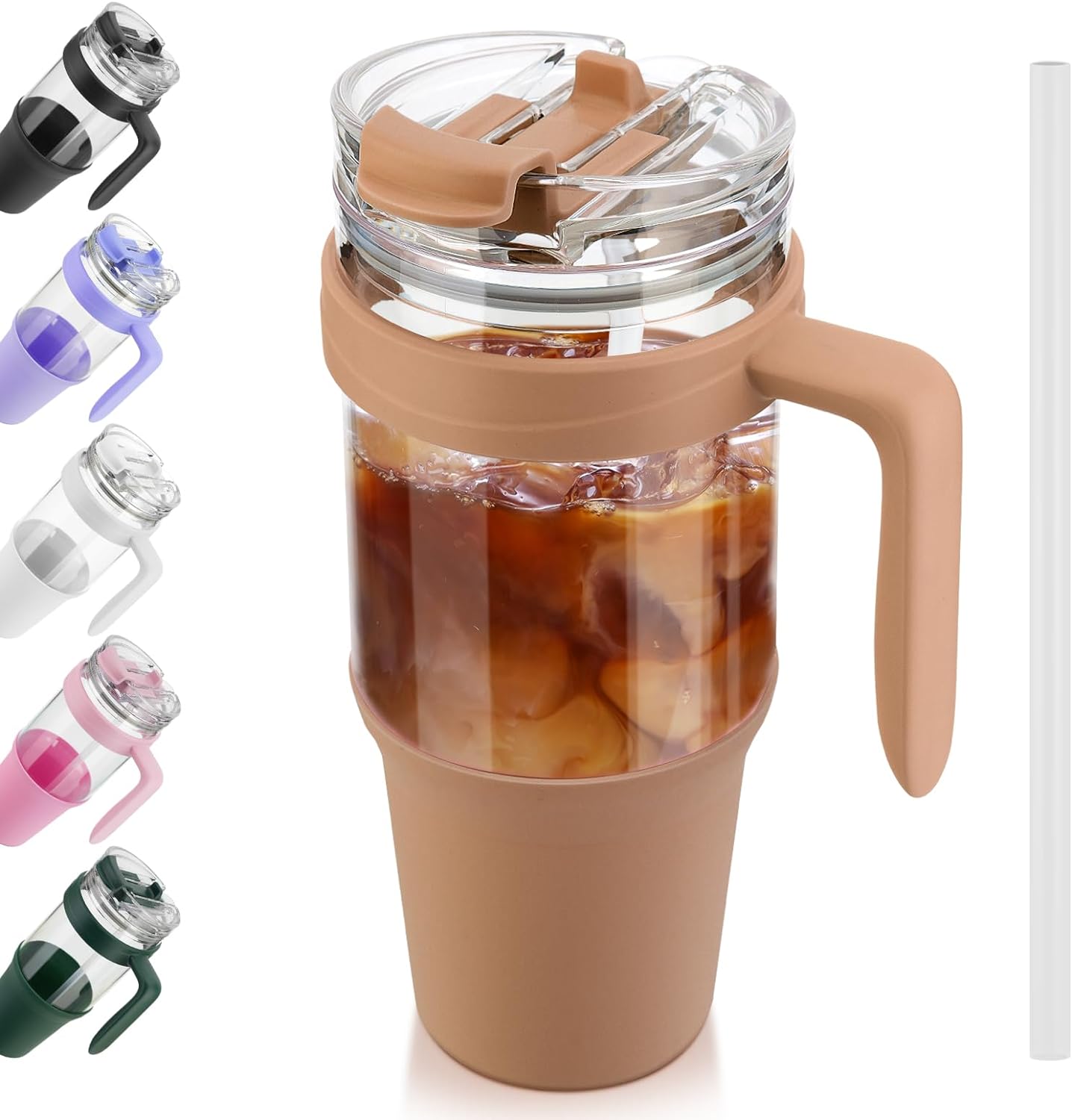 Tronco 40 oz Glass Tumbler with Handle, Leak-proof Flip Straw, Reusable Glass Tumbler with Straw and Lid, Iced Coffee Cup with Plastic Lid, Glass Water Bottles Fit in Cup Holder,Smoothie Cup Boba Cup