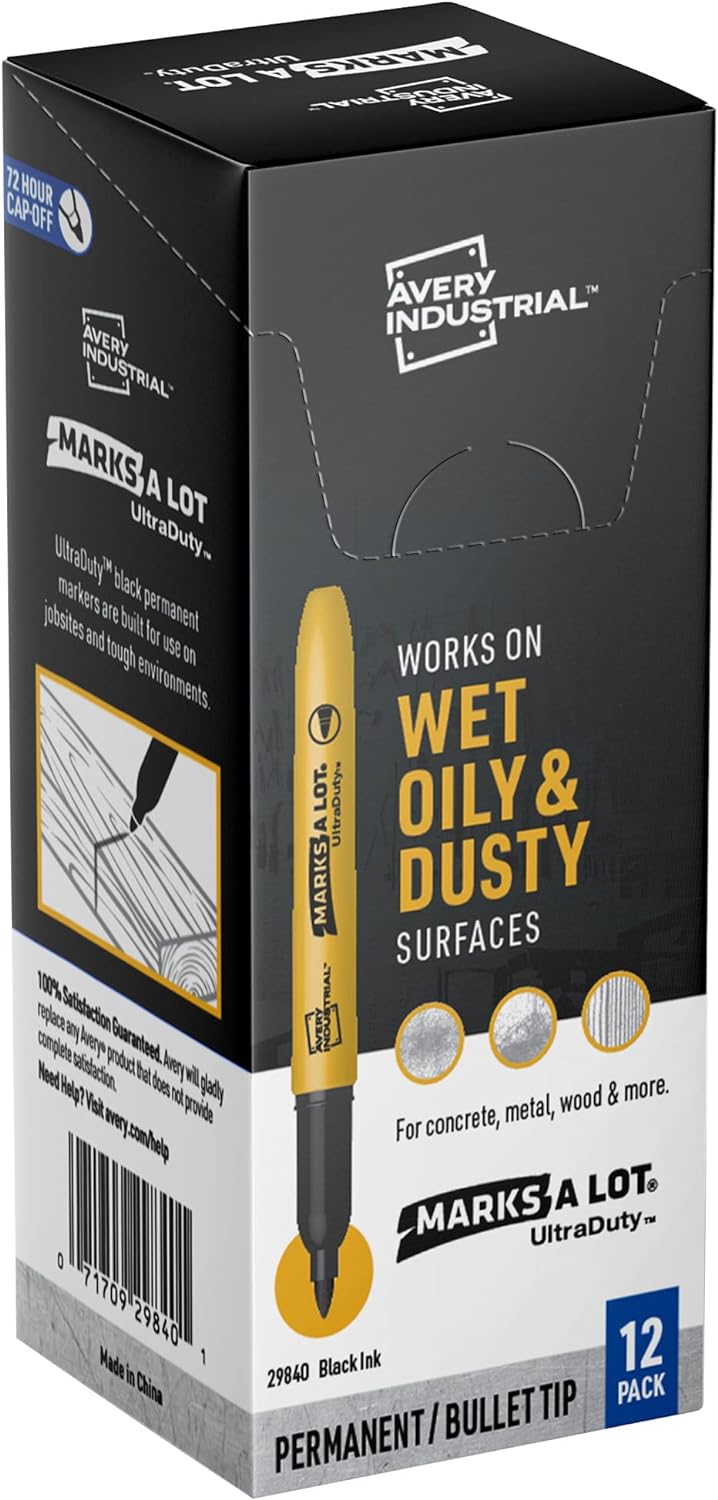 AVERY Marks A Lot Permanent Markers, Bullet Tip, Water Resistant, Industrial Grade Ink, 12 Black Markers (29840)