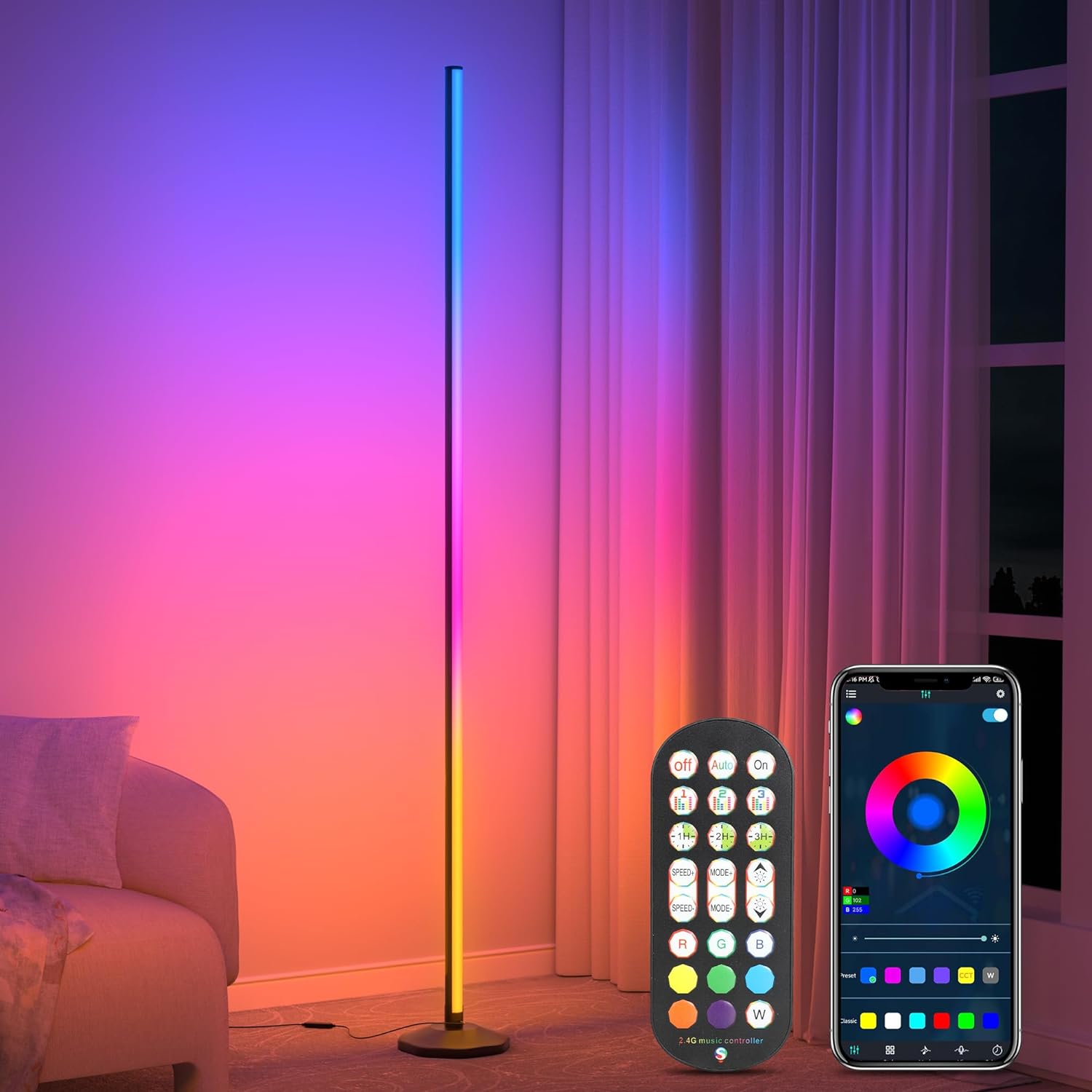 OUTON Smart LED Floor Lamp RGB, Color Changing Corner Lamp with APP and Remote Control, 16 Million DIY Colors, Music Sync, 64+ Scene, Timer Setting, Modern Standing Lamp for Living Room Bedroom Gaming