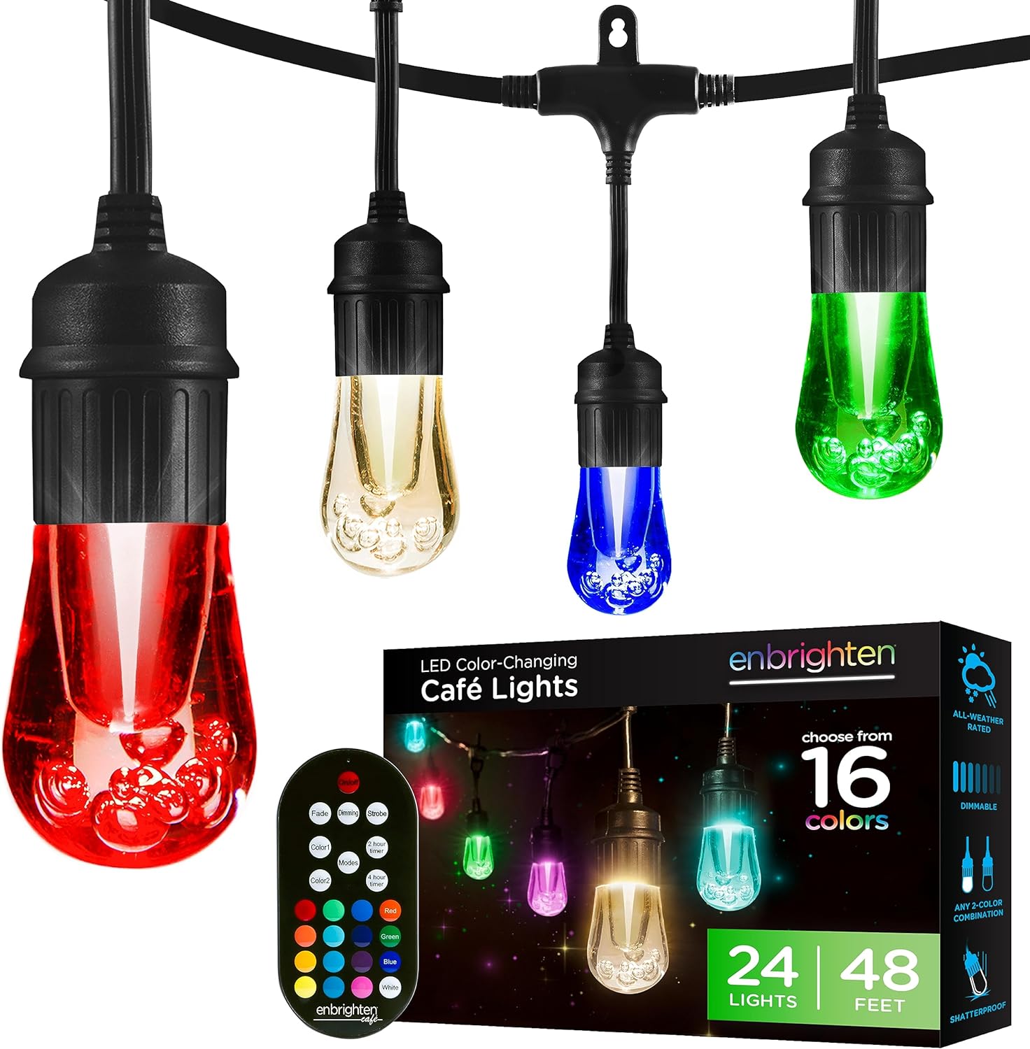 We bought and tested several different colored strings of lights and we liked these the best. They are very flexible with their light colors and patterns. Their bulbs are larger than some of the other light strings. Multiple strings can be paired to be controlled by a single remote. (Instructions for this below).These string lights are 