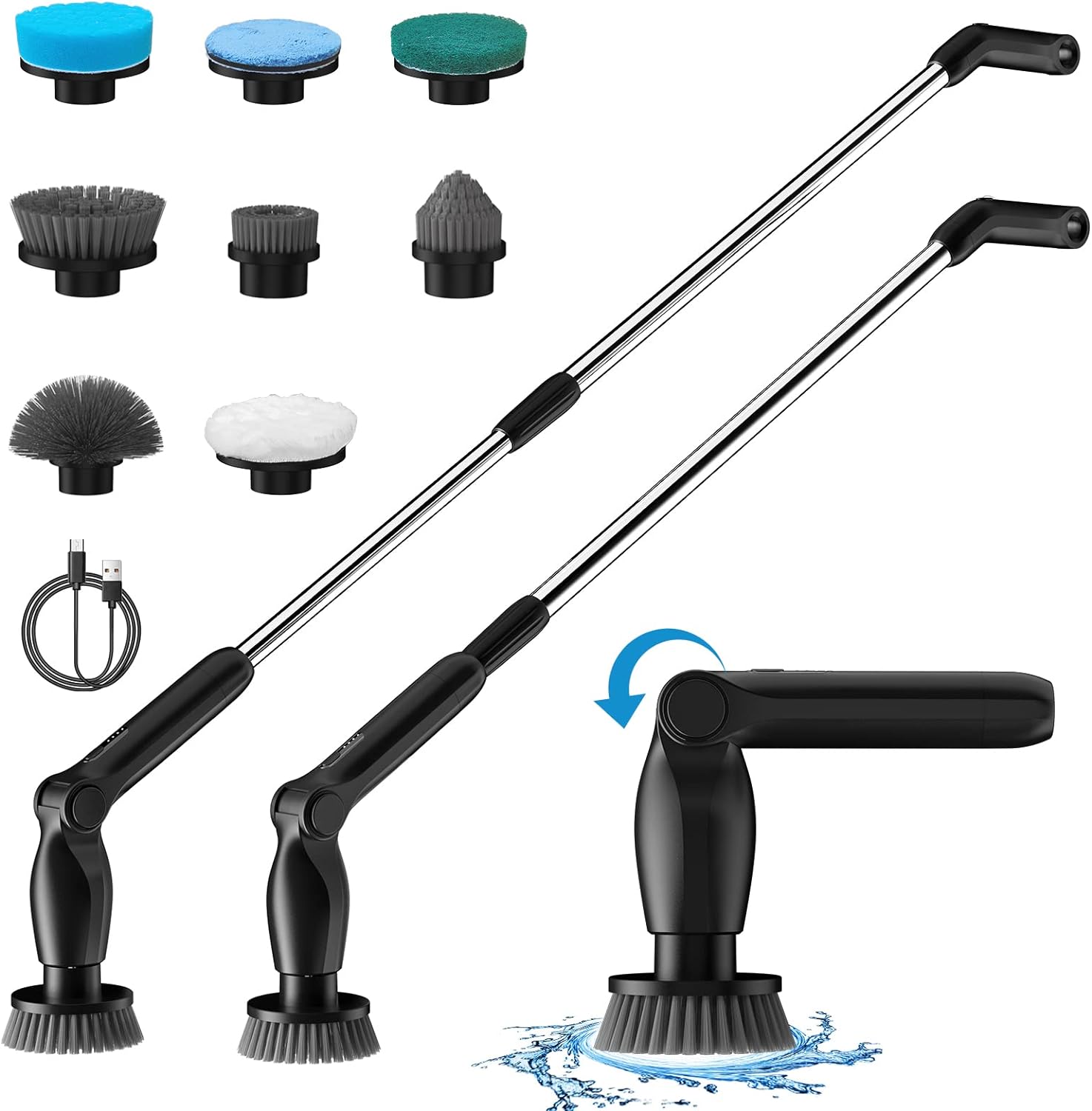 Leebein Electric Spin Scrubber, Cordless Cleaning Brush with 8 Replaceable Brush Heads, Adjustable Extension Handle, 2 Speeds & Remote Control, Power Scrubber for Cleaning Bathroom, Shower, Tub, Floor