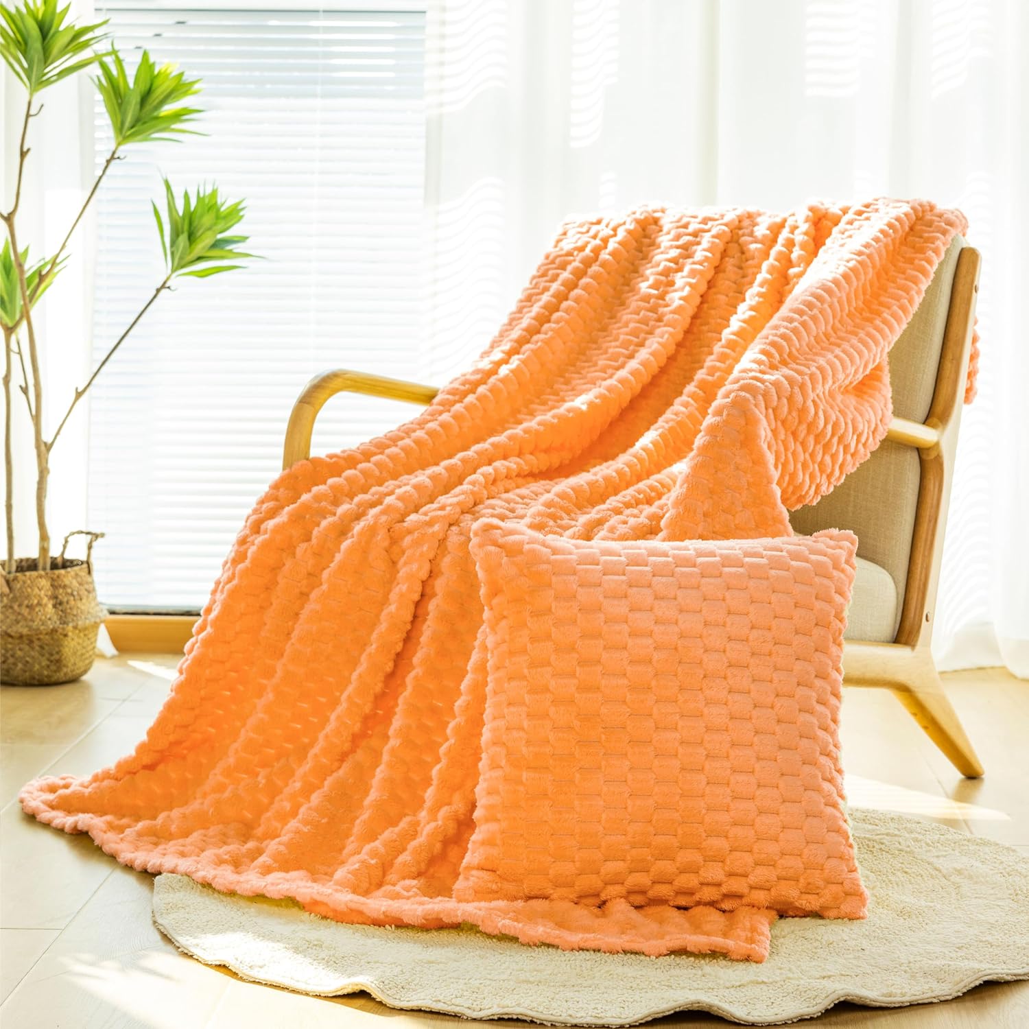 BNuitland Light Orange Flannel throw blanket (50X71 inches) with Pillow Cover(18X18 inches), 300 GSM Cozy Warm Soft Fleece home decor Lightweight Bed Sofa Blanket for Adults, Suitable for All Seasons.