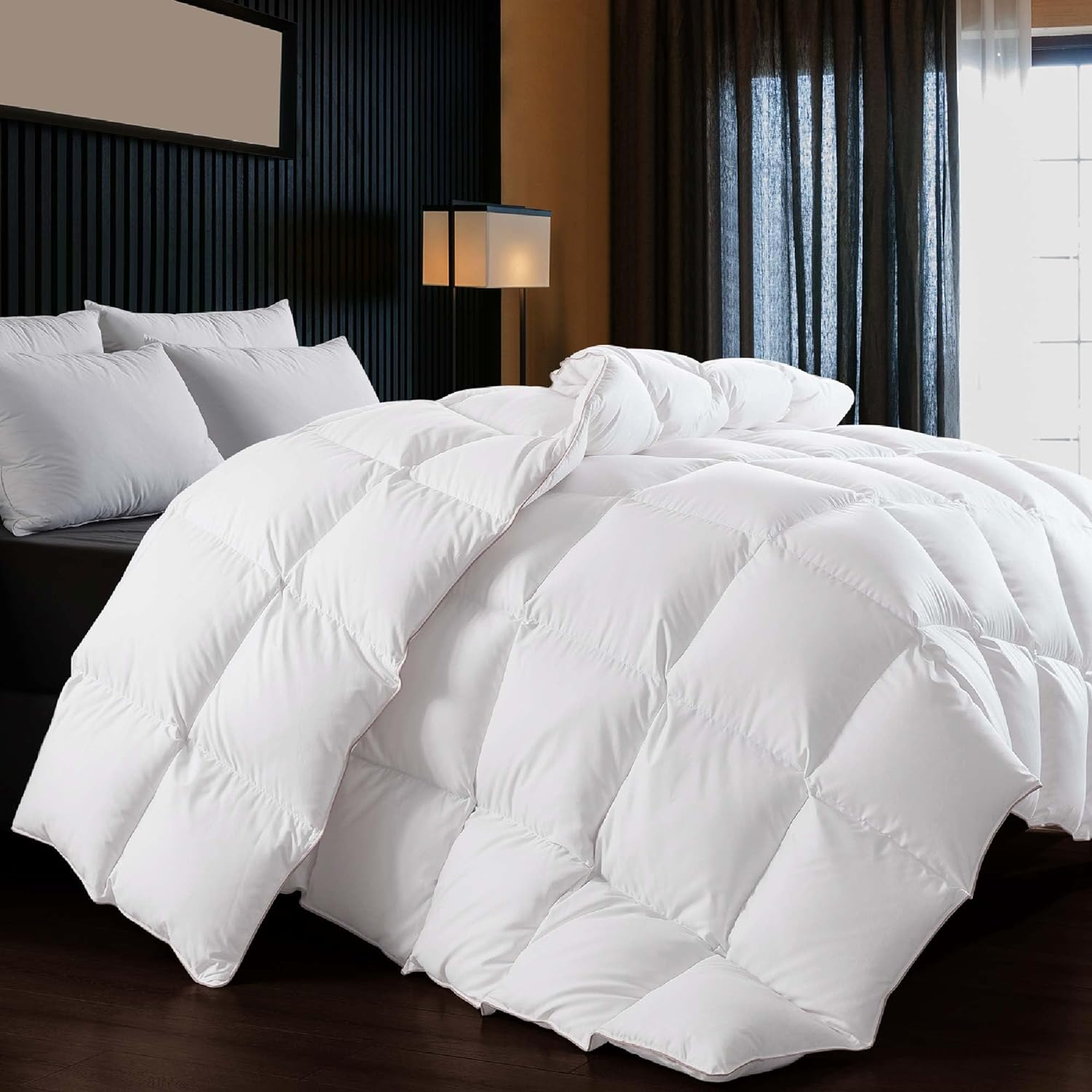 WhatsBedding Puffy White Goose Feather Down Comforter King Size, Feather Down All Season Duvet Insert, 100% Cotton Luxury Hotel Collection, 4 Corner Loops, 106x90 in