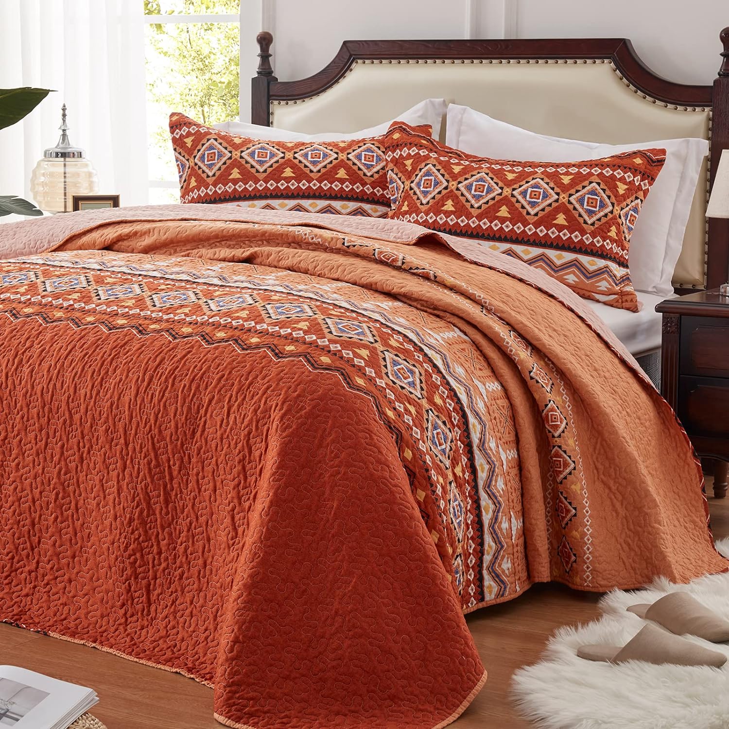 LEAONME Quilt Set Full/Queen Size 3 Piece Bedspread Coverlet Lightweight Comforter Microfiber Bedding Set All Season Oversized 90x98 Inch Bed Cover Bohemian Burnt Orange/Rust(1 Quilt,2 Pillow Shams)