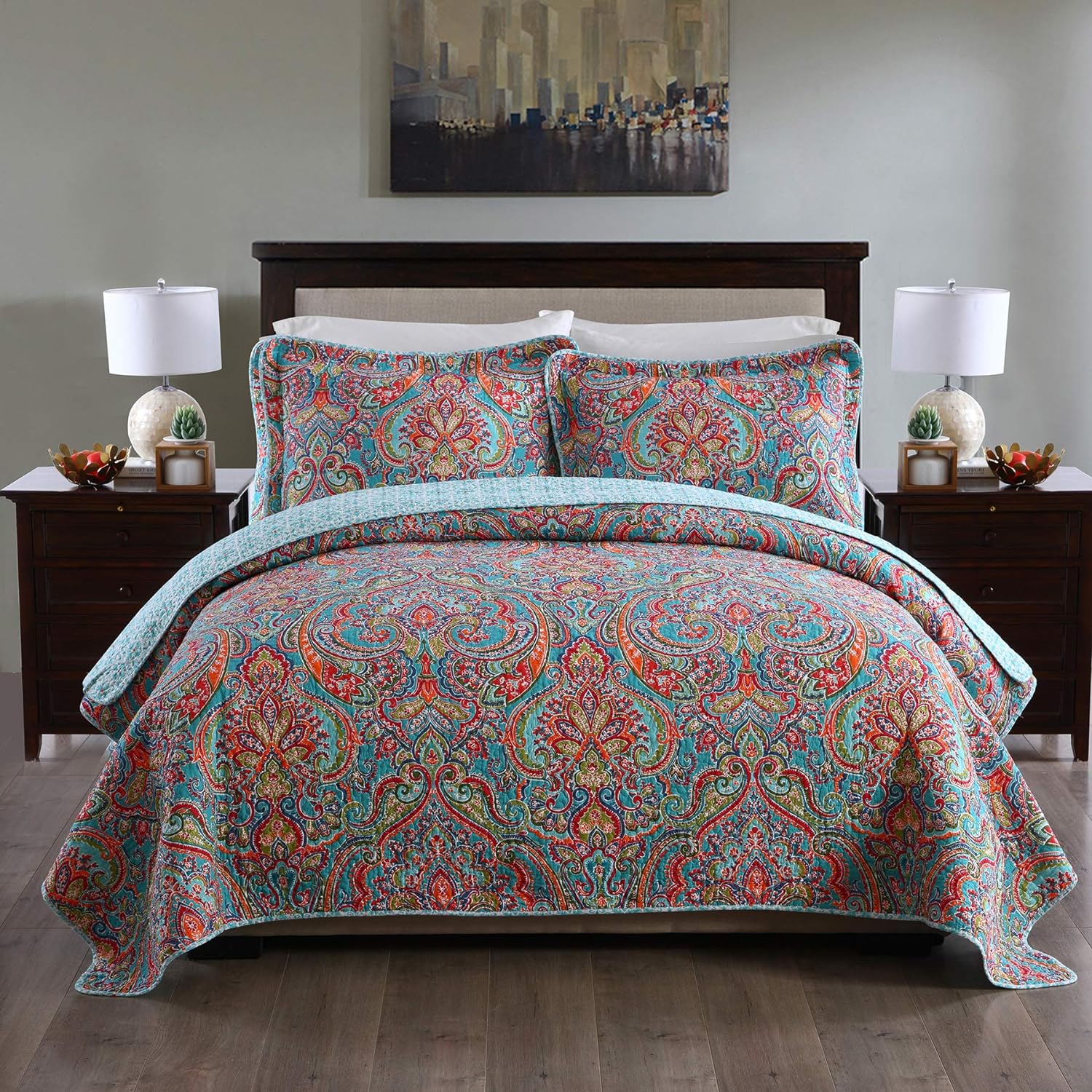 MaiuFun Cotton Bedspread Quilt Sets King Size (96x108 Inch), Reversible Gorgeous Paisley Floral Patchwork Patterns, 3-Piece Bedding Coverlet for All Season (1 Quilt   2 Pillow Shams)