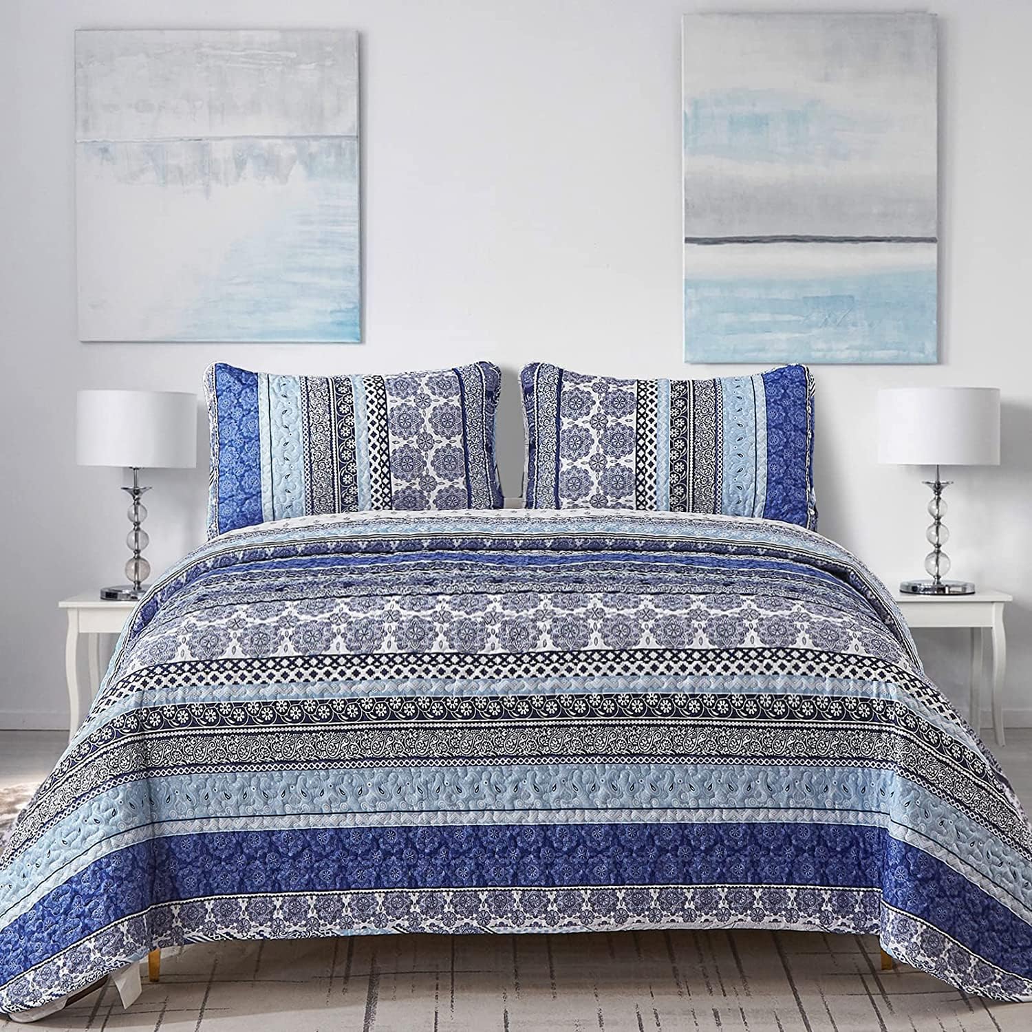 WONGS BEDDING Boho Quilt Set Queen Size, Blue Bohemian 3 Pieces Quilt Sets, Lightweight Summer Bedspread Coverlet Bedding Set for All Season (96x90)