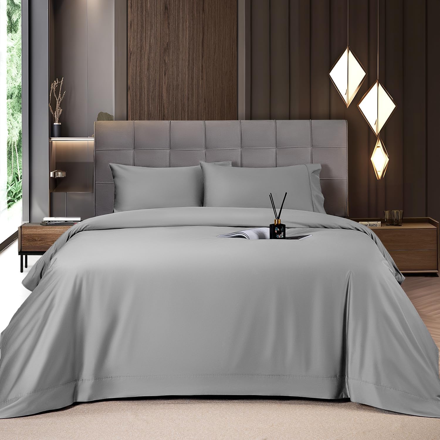 Shilucheng Cooling Breathable Bamboo_ Bed Sheets Set - Queen Size,1800 Thread Count Super Silky Soft with 16 Inch Deep Pocket, Machine Washable, 4 Piece(Queen,Grey)