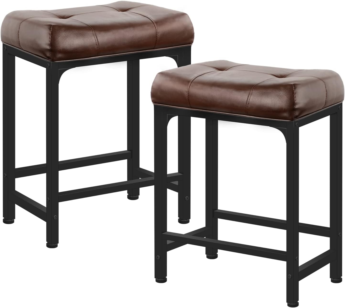 Aheaplus Bar Stools Set of 2, 24 Inch Counter-Height Stools Saddle Stool, PU Leather Barstools with Metal Base, Footrest, Industrial Stools for Dining Room Kitchen Island, Counter, Pub, Bar, Brown