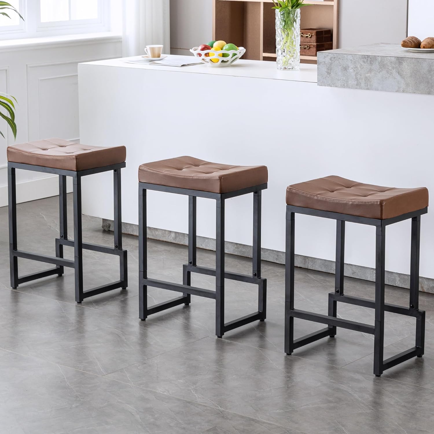 FIRAVOE Bar Stools Set of 3, 24 Counter Height Bar Stools, Faux Leather Barstools for Kitchen Island, Backless Saddle Stools with Metal Legs (Dark Brown, 3PCS 24 Counter Stools)