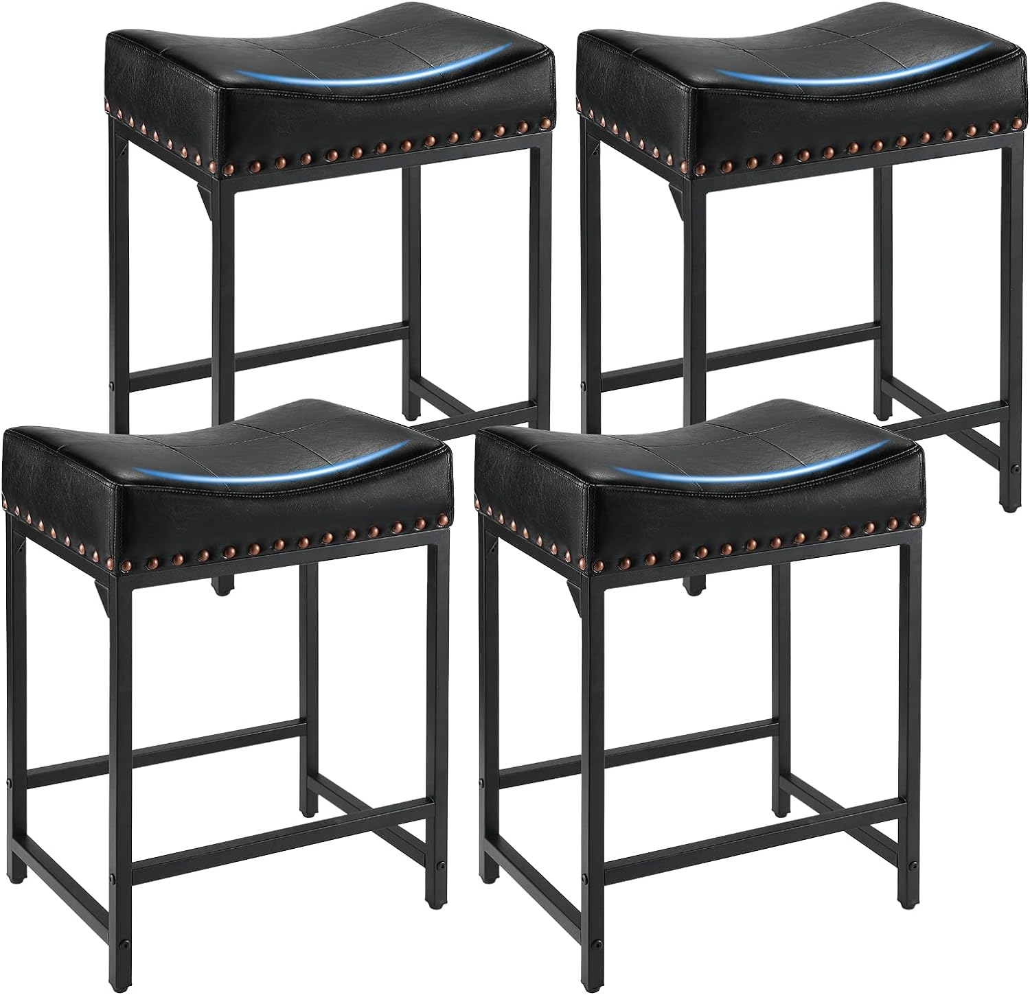 FLYZC Bar Stools Set of 4, Counter Height Bar Stools with Soft Cushion Bar Stools and Barstools Steel Frame, 24 Black Saddle Stool for Bar, Stools for Kitchen Counter Support 300 LBS (Black)