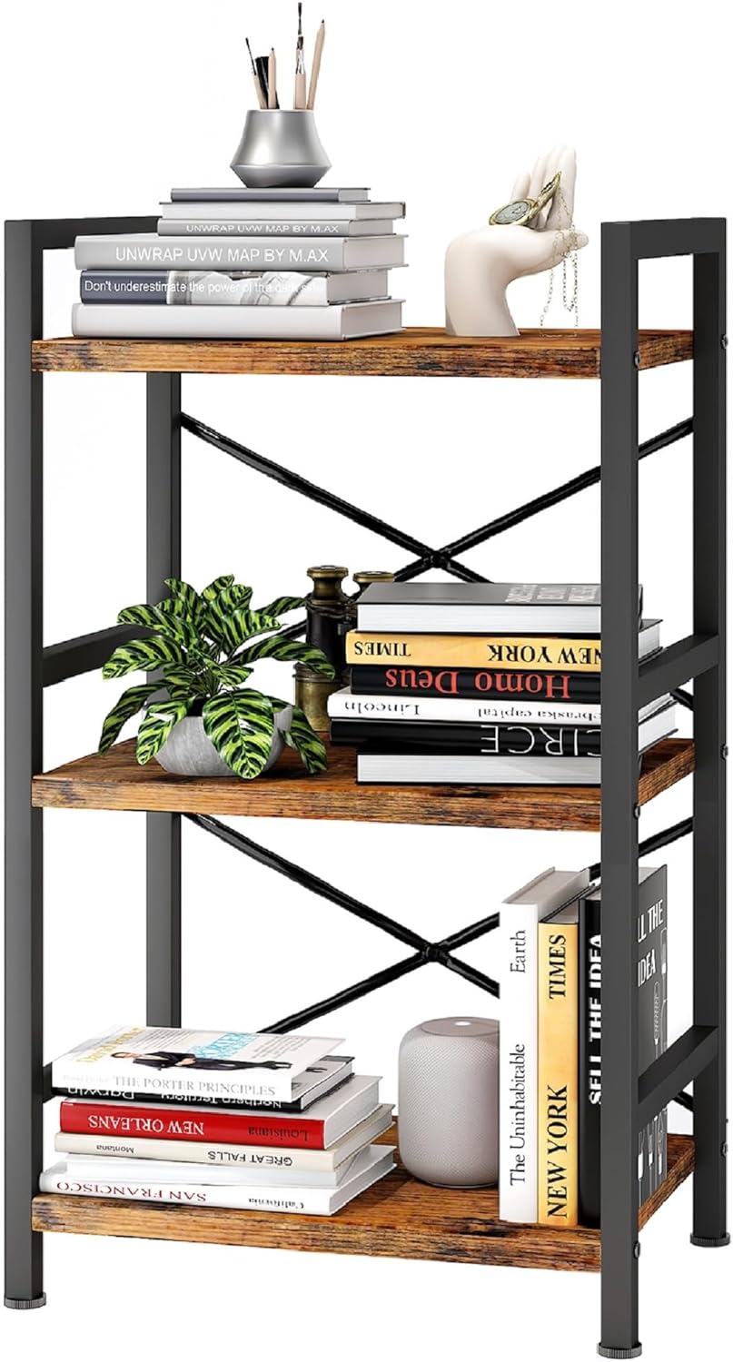 Homeiju Bookshelf, 3 Tier Industrial Bookcase, Metal Small Bookcase, Rustic Etagere Book Shelf Storage Organizer for Living Room, Bedroom, and Home Office(Rustic Brown) Patent Pending D29873033