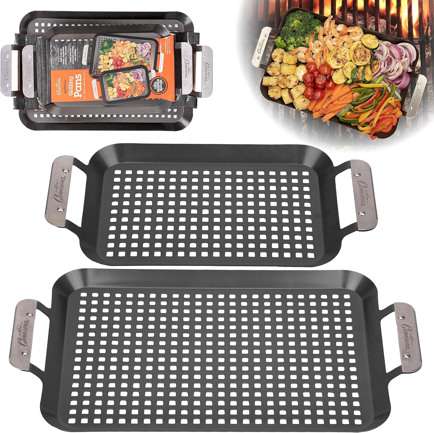 Camerons BBQ Grill Topper Grilling Pans (Set of 2 - Non-Stick Barbecue Trays w Stainless Steel Handles - Indoor Outdoor use for Barbecue & Smoked Meat, Vegetables & Seafood - Grill Accessory Gift Pack