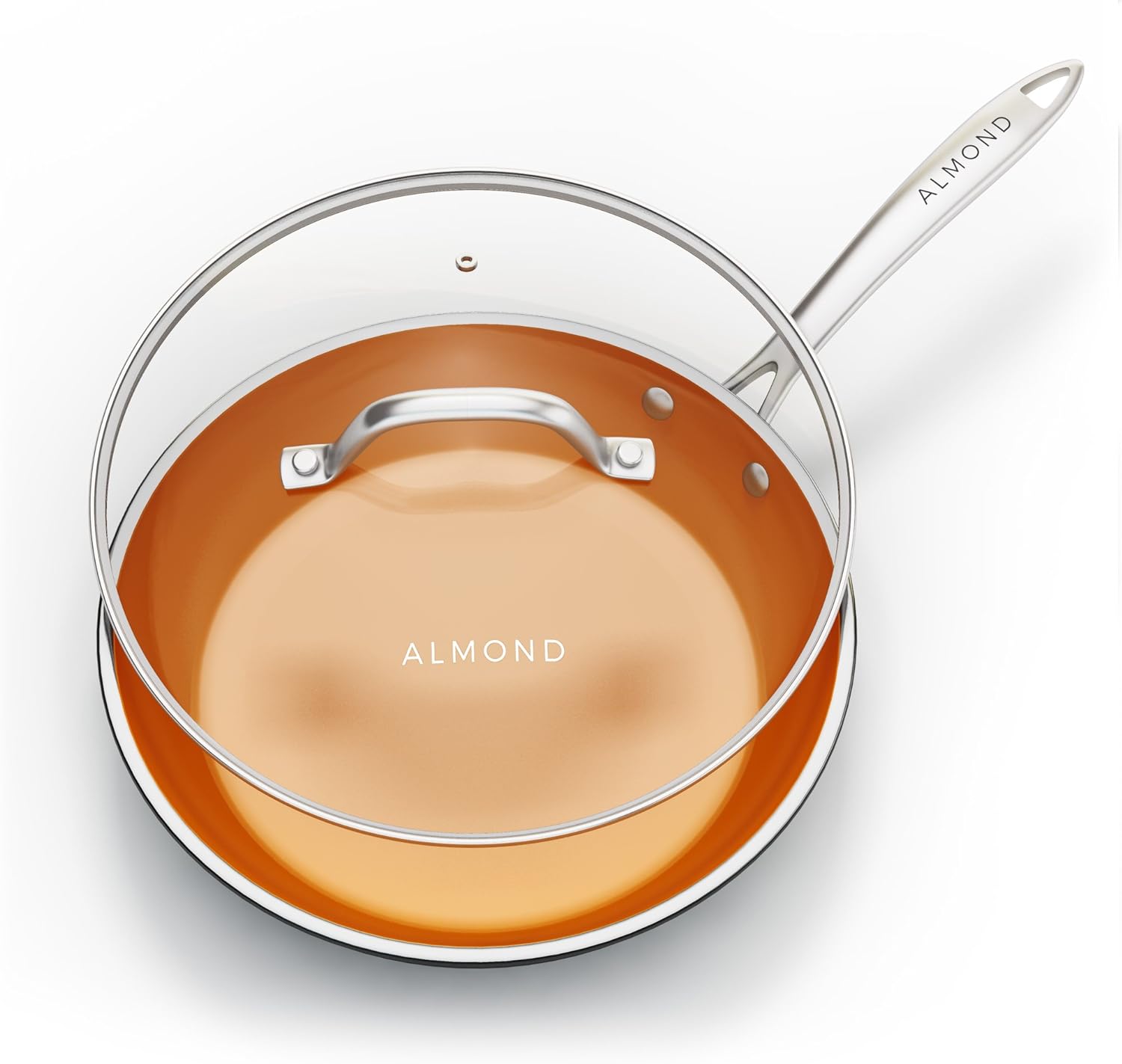 Almond 12 Inch Non-Stick Frying Pan with Lid - Copper Ceramic Fry Pans with Tempered Glass Lid & Stainless Steel Handle, Round Aluminum Saute Pan, Dishwasher and Oven Safe - 12 inches