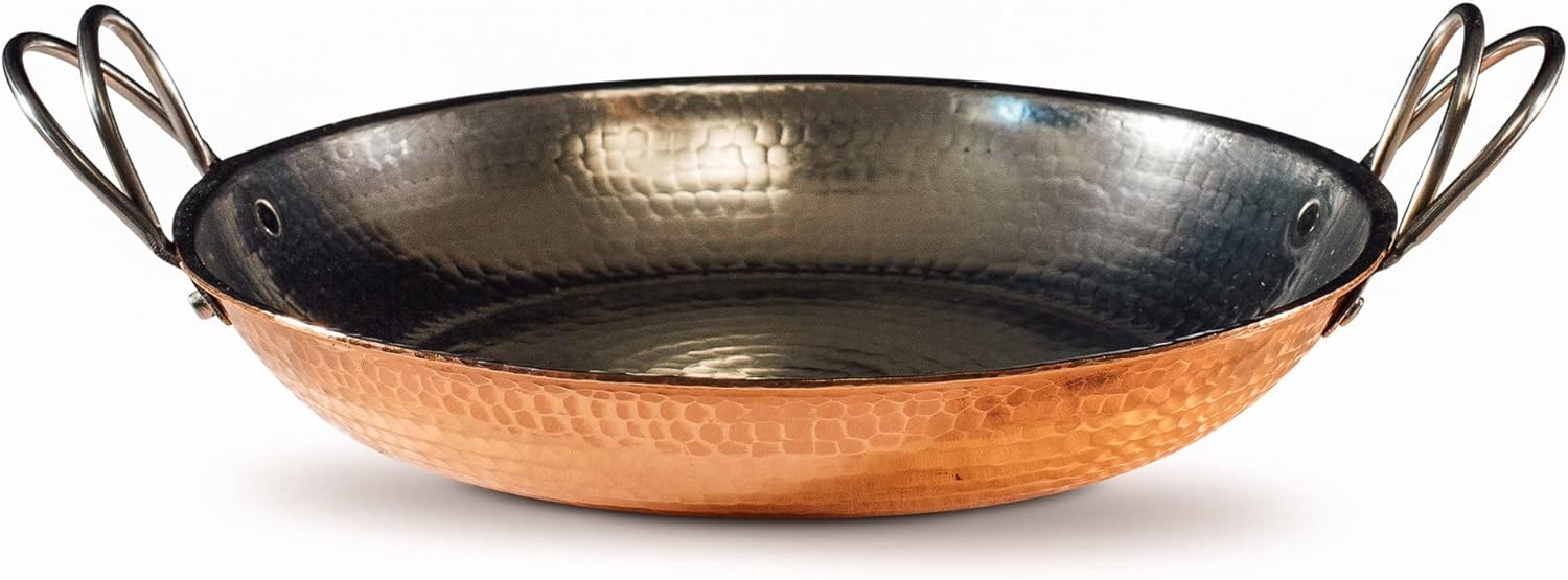 Sertodo Copper Alicante Paella Cooking Pan | 12 inch diameter | Patented Stainless Steel Handle Design| Hand Hammered, Heavy Gauge, 100% Pure Copper | Serves 4 Adults