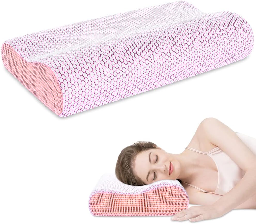 Memory Foam Pillows for Neck and Shoulder Pain, Contour Cervical Orthopedic Pillow for Pain Relief Sleeping, Ergonomic Support Pillow for Side Back Stomach Sleeper - Pink, Soft