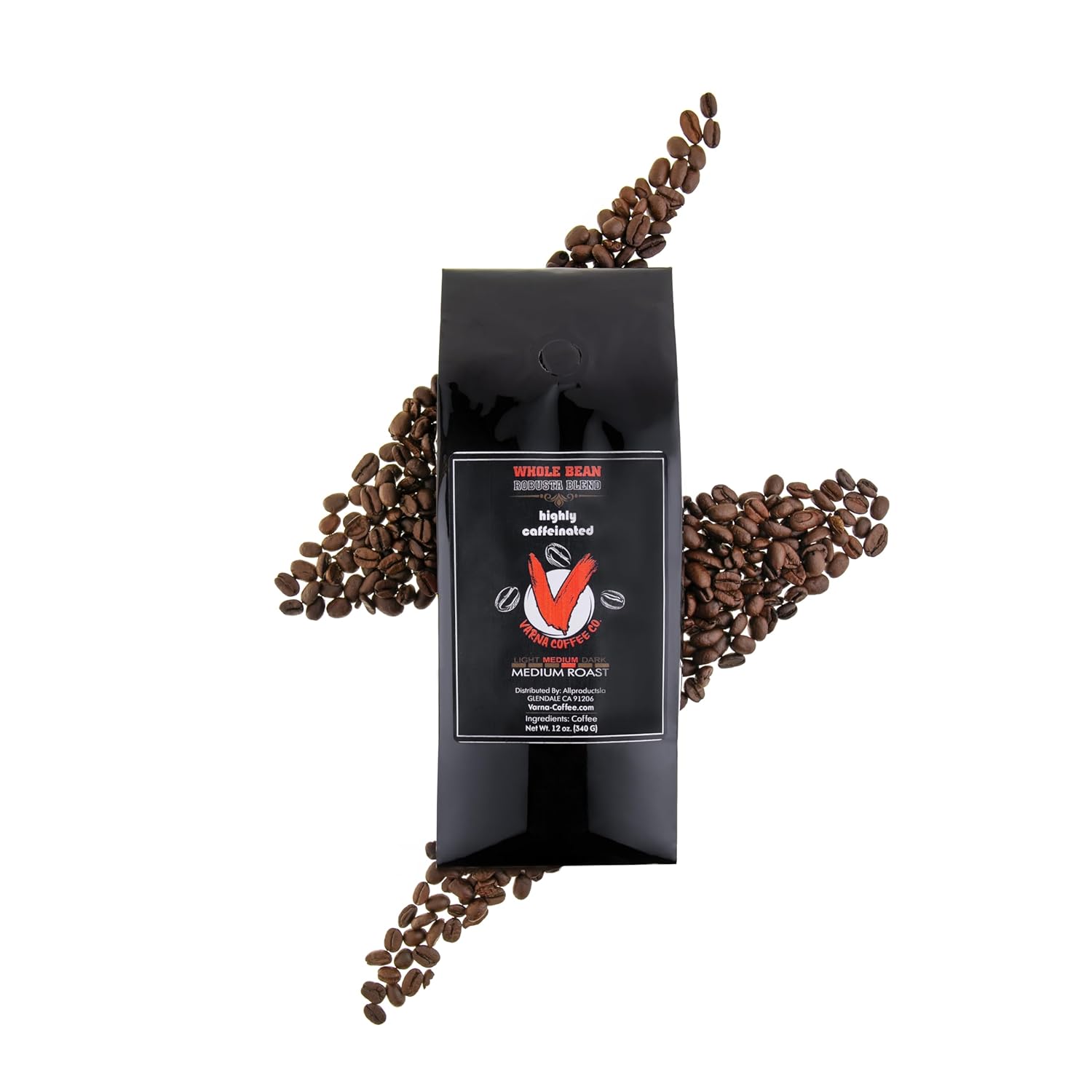 Varna Crafted Whole Bean Coffee Premium Highly Caffeinated Specialty Robusta Blend For Espresso shots, French Press and Arabic coffee Medium Roast, 12 oz