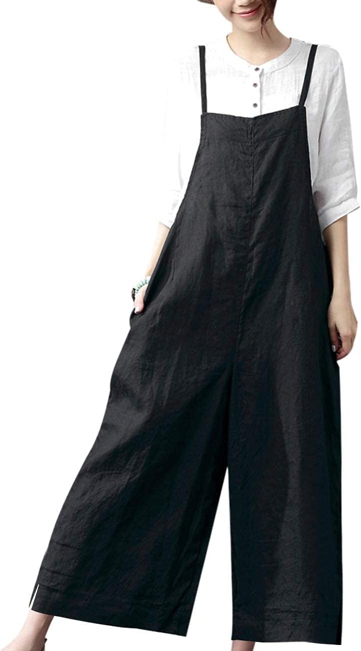 YESNO Women Casual Loose Long Bib Pants Wide Leg Jumpsuits Baggy Cotton Rompers Overalls with Pockets PZZ