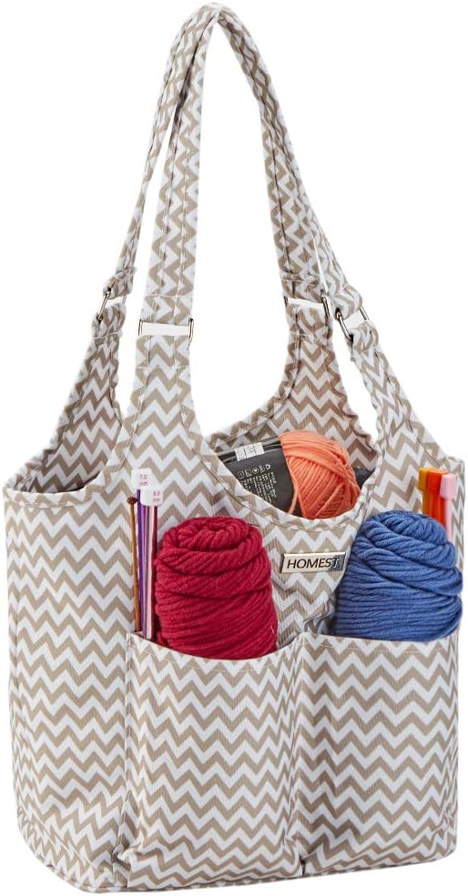 HOMEST Small Yarn Storage Tote, Large Craft Supplies Bag with 4 Outer Pockets, Ripple