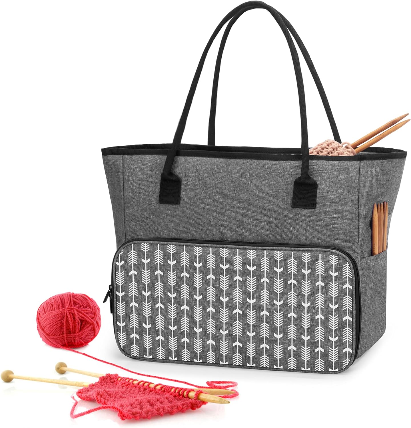 YARWO Knitting Crochet Bag, Yarn Storage Tote Bag for WIP Projects, Yarn Skeins, Crochet Hooks and Knitting Needles, Gray with Arrow (Bag Only, Patent Pending)